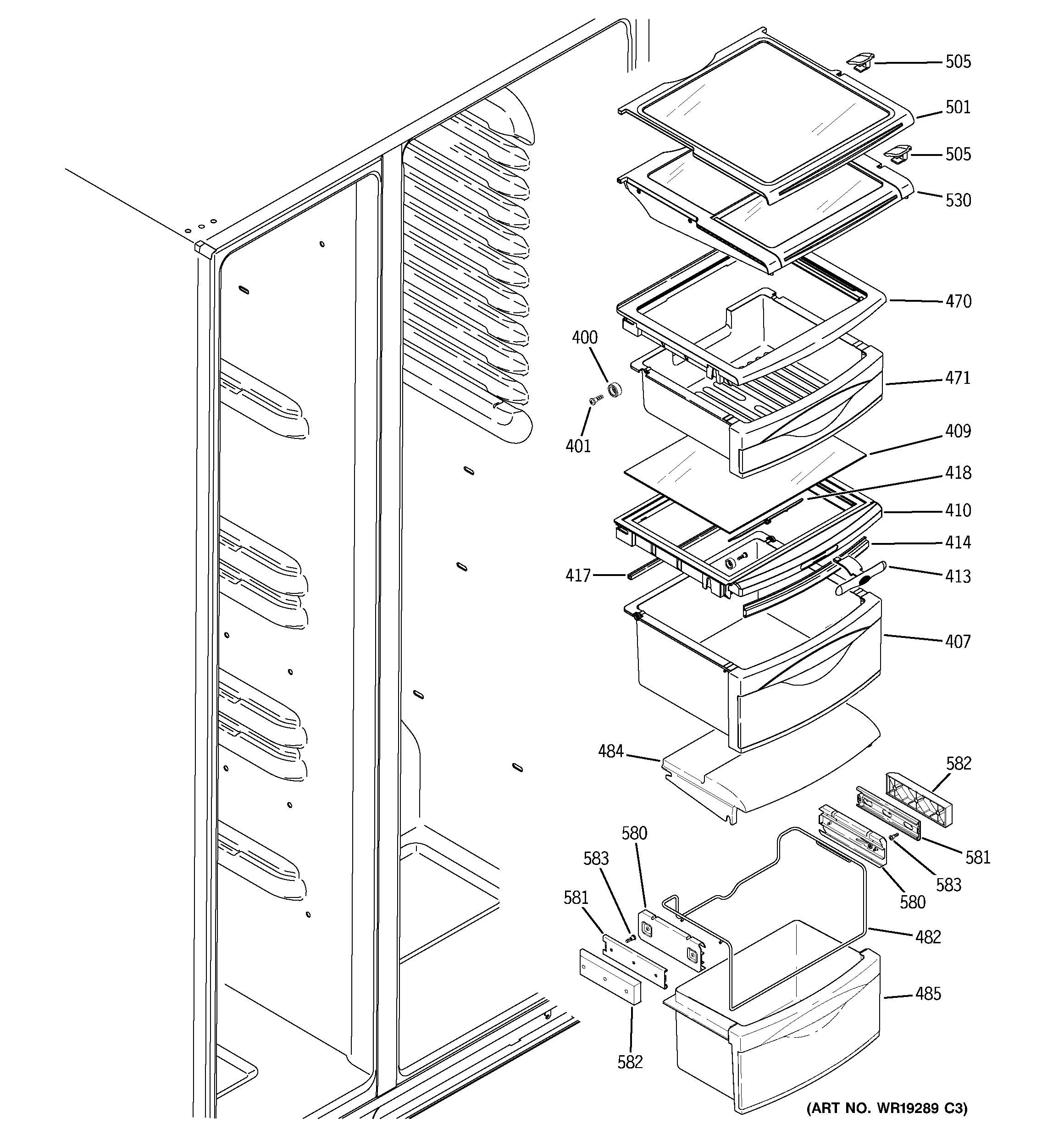 GE PSR26MSPASS fresh food shelves diagram