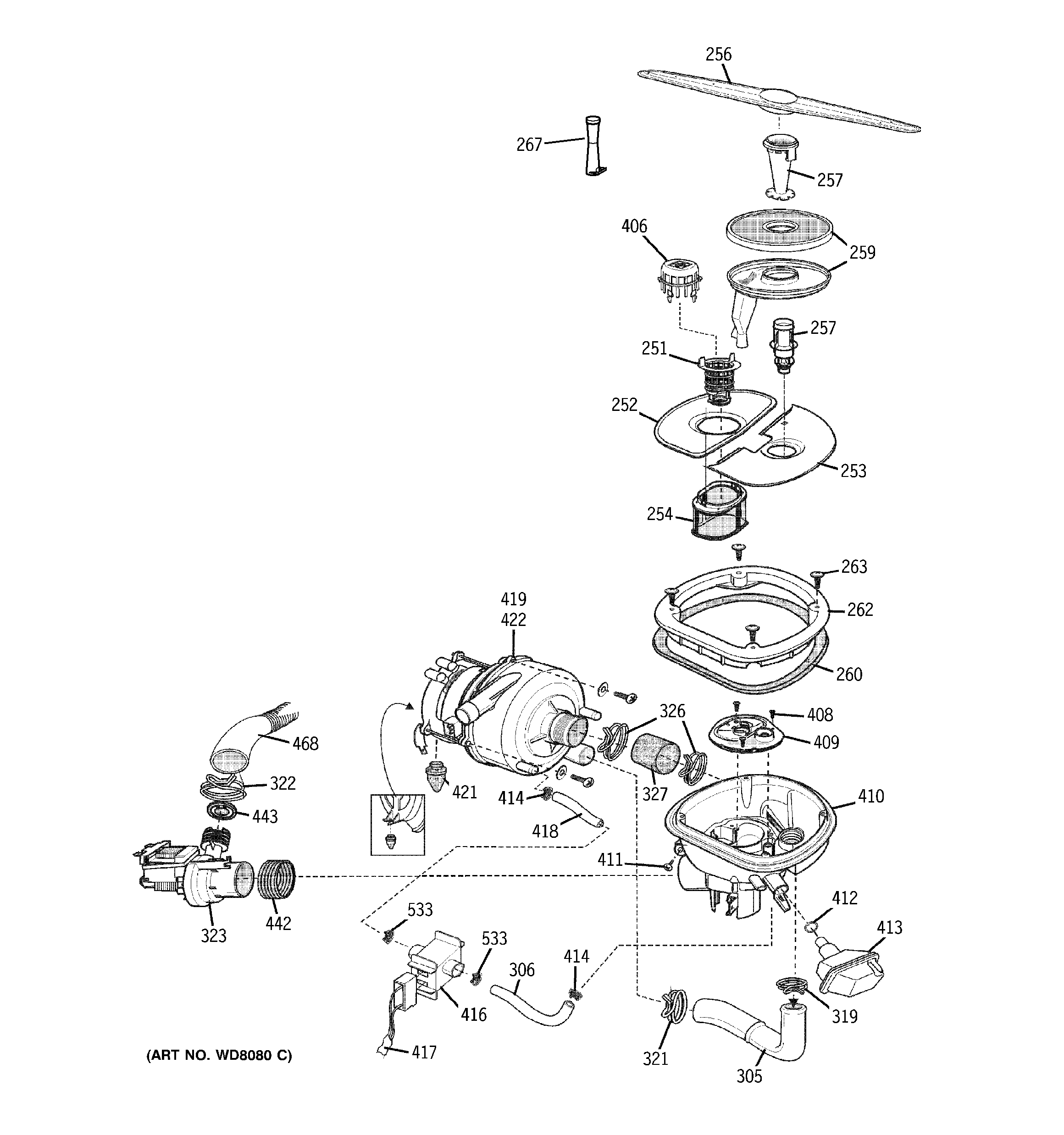 GE PDW8000G0SS sump assembly diagram