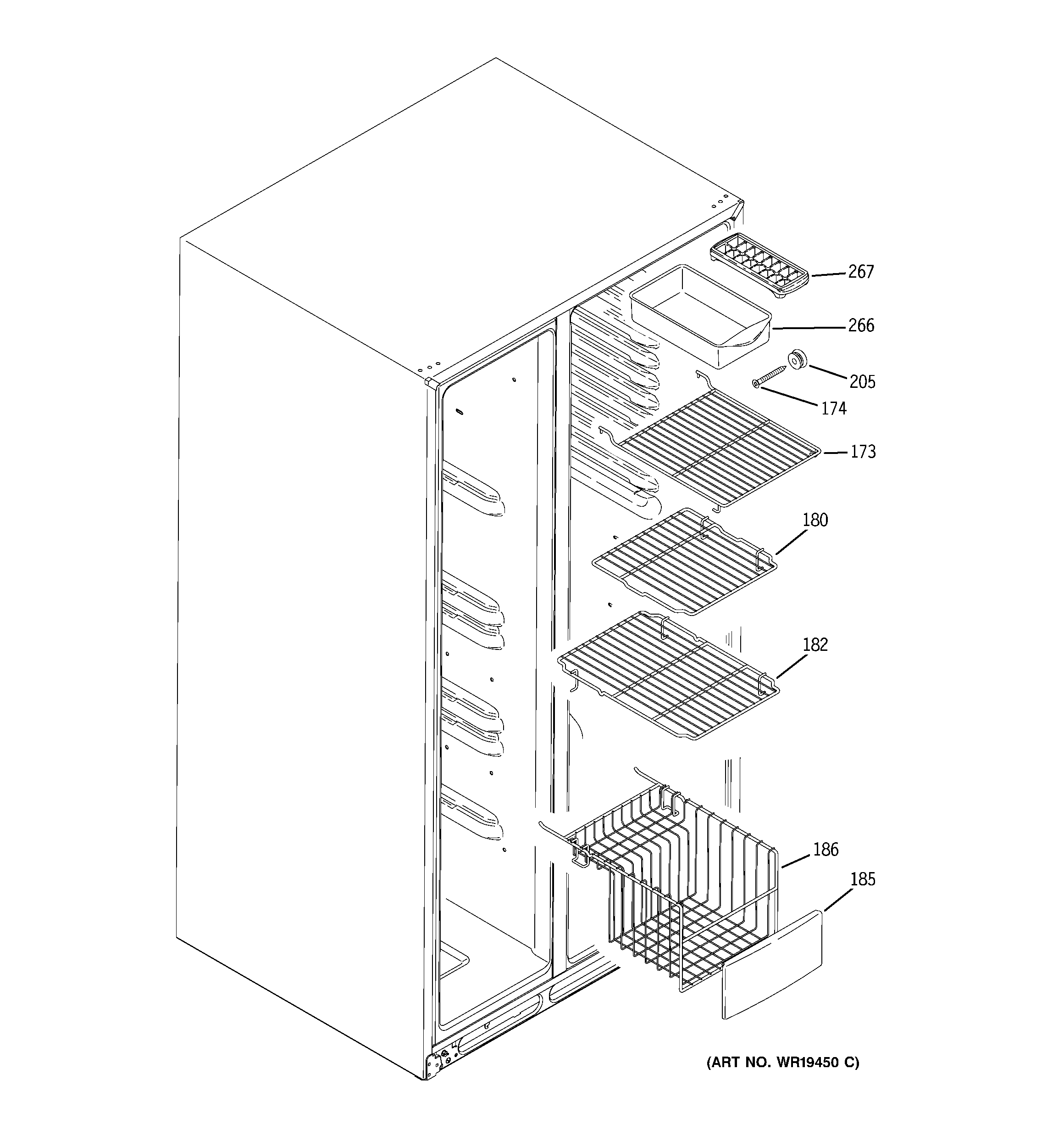 GE GSR23YBPAWW freezer shelves diagram