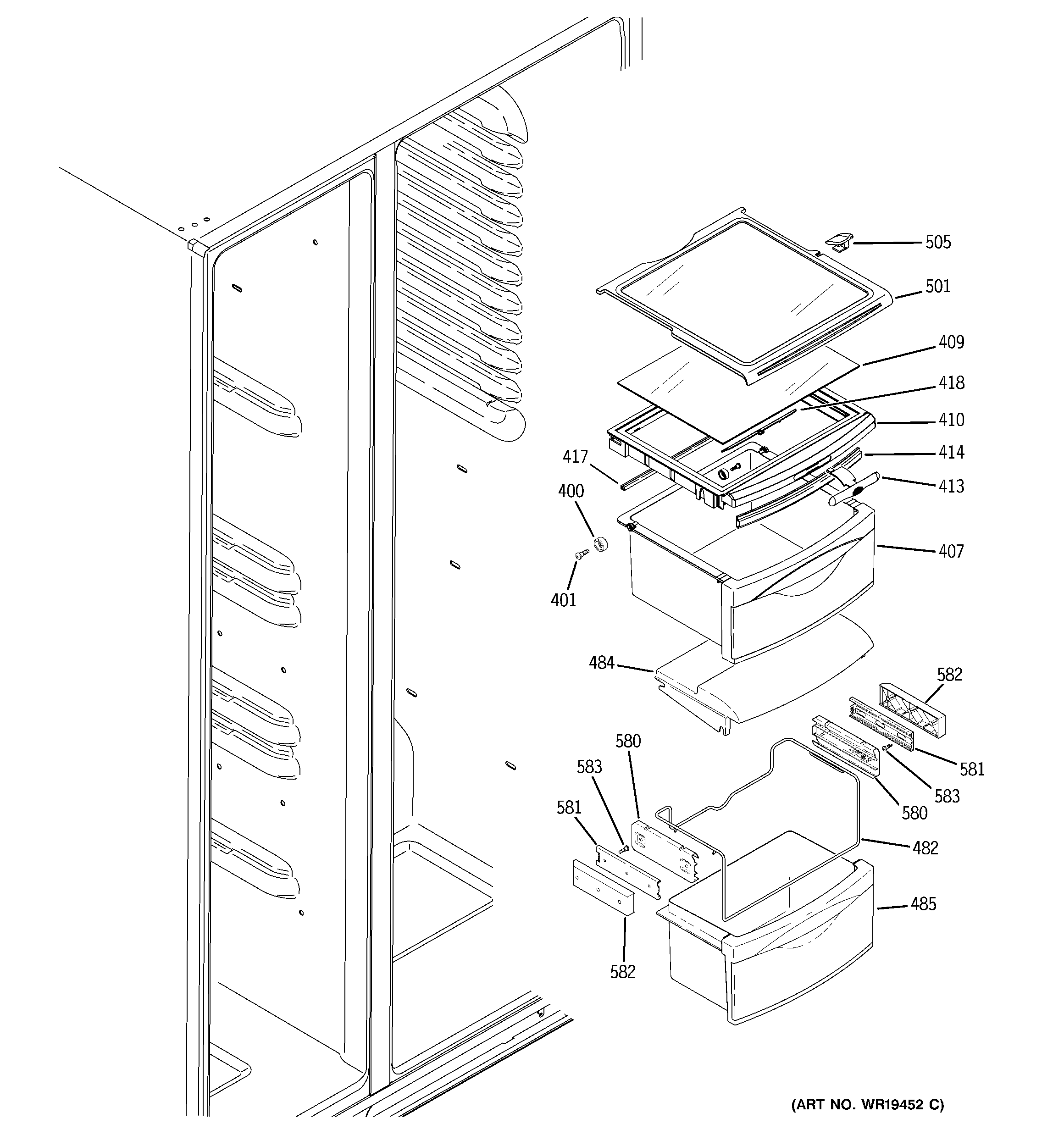 GE GSR23YBPAWW fresh food shelves diagram