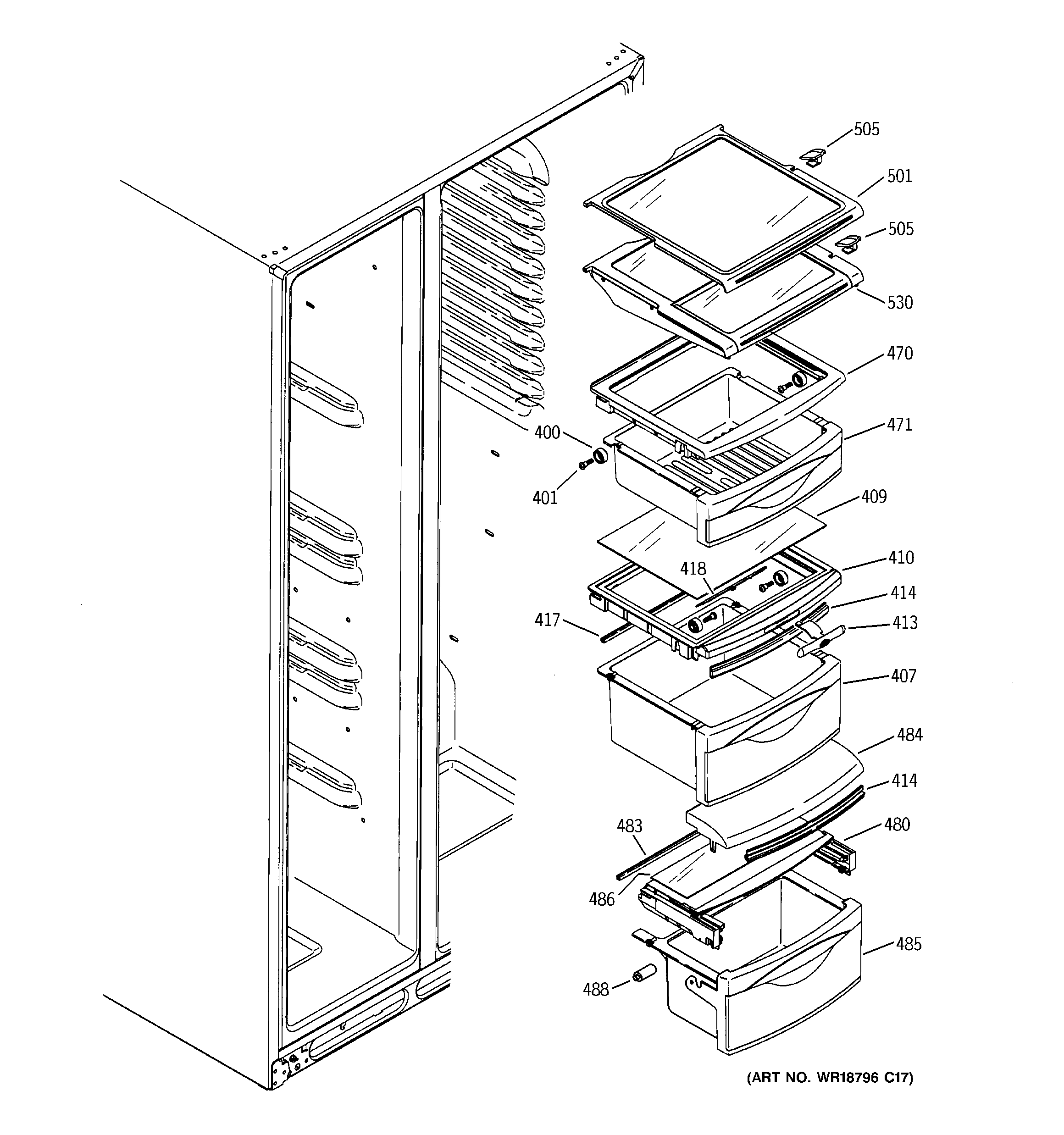 GE PSR26LGPAWW fresh food shelves diagram