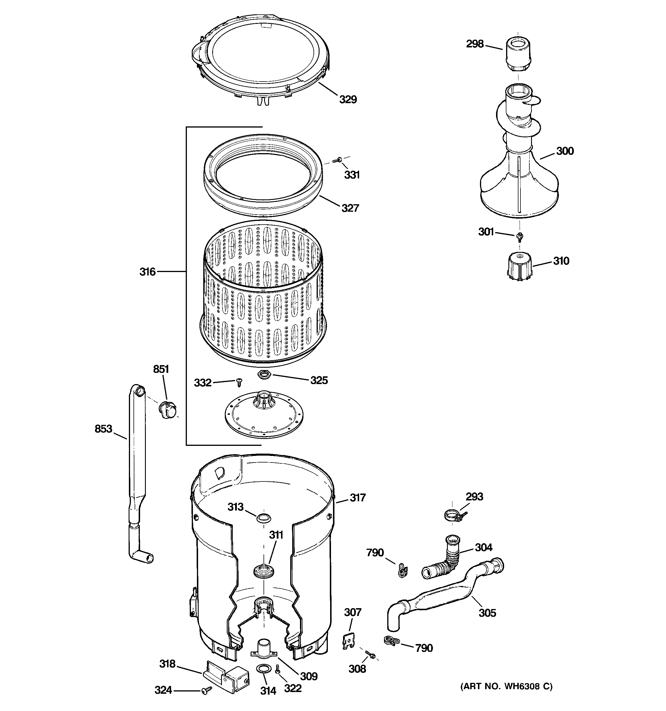 GE WPRB9250D0WW tub, basket & agitator diagram