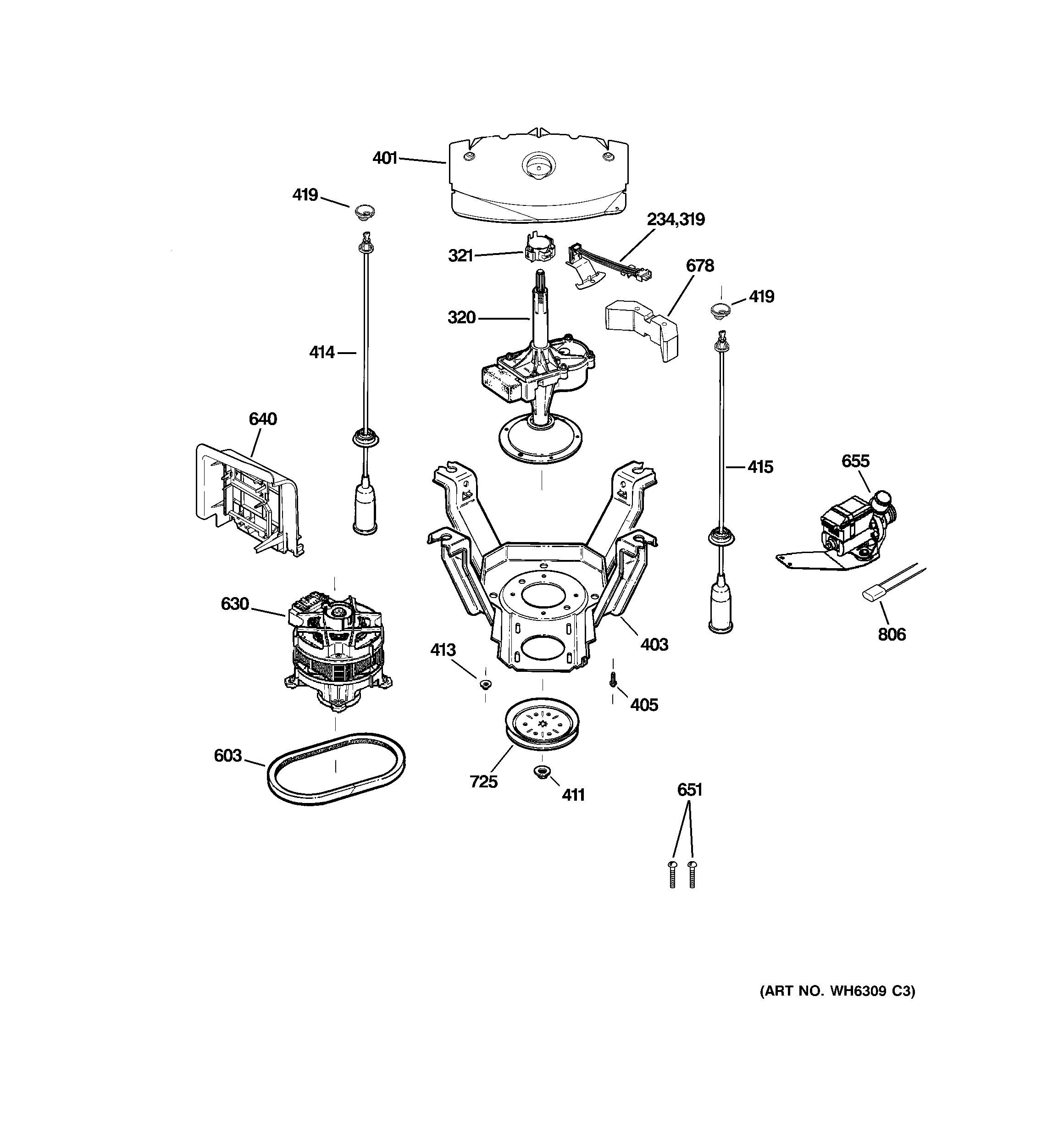 GE WPRB9250D0WW suspension, pump & drive components diagram