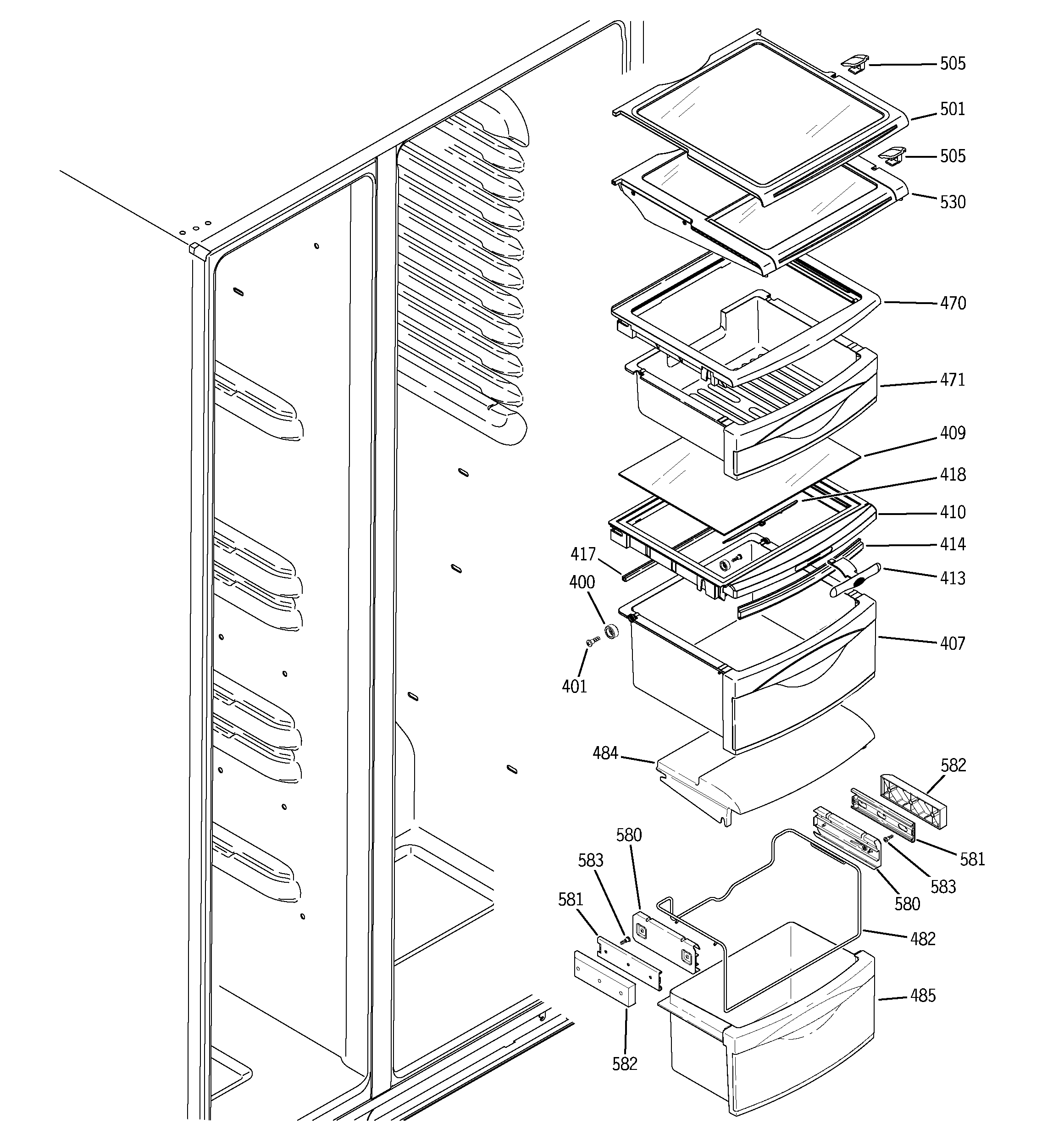 GE PCT23MGPAWW fresh food shelves diagram