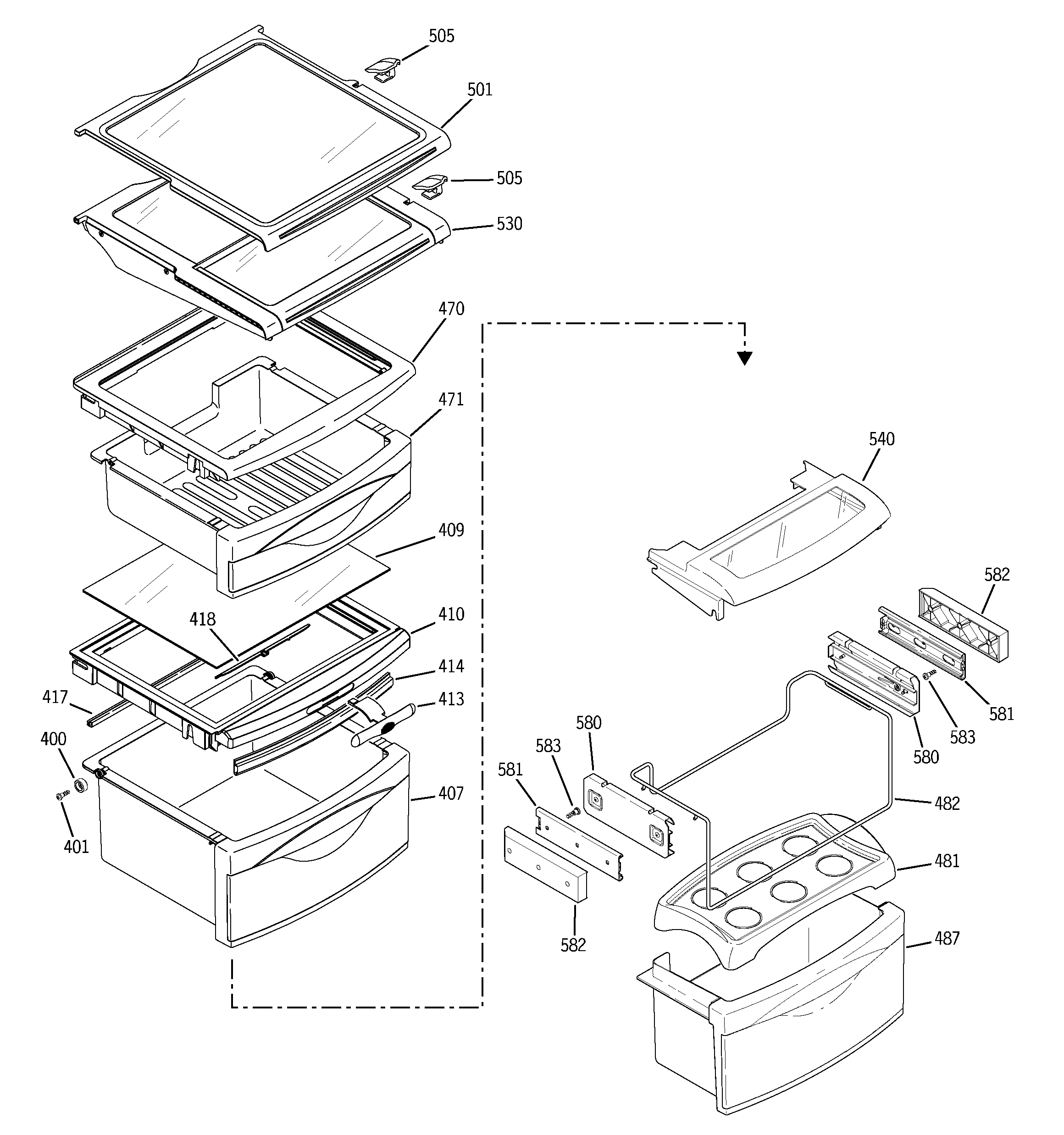 GE PCT23SGPASS fresh food shelves diagram
