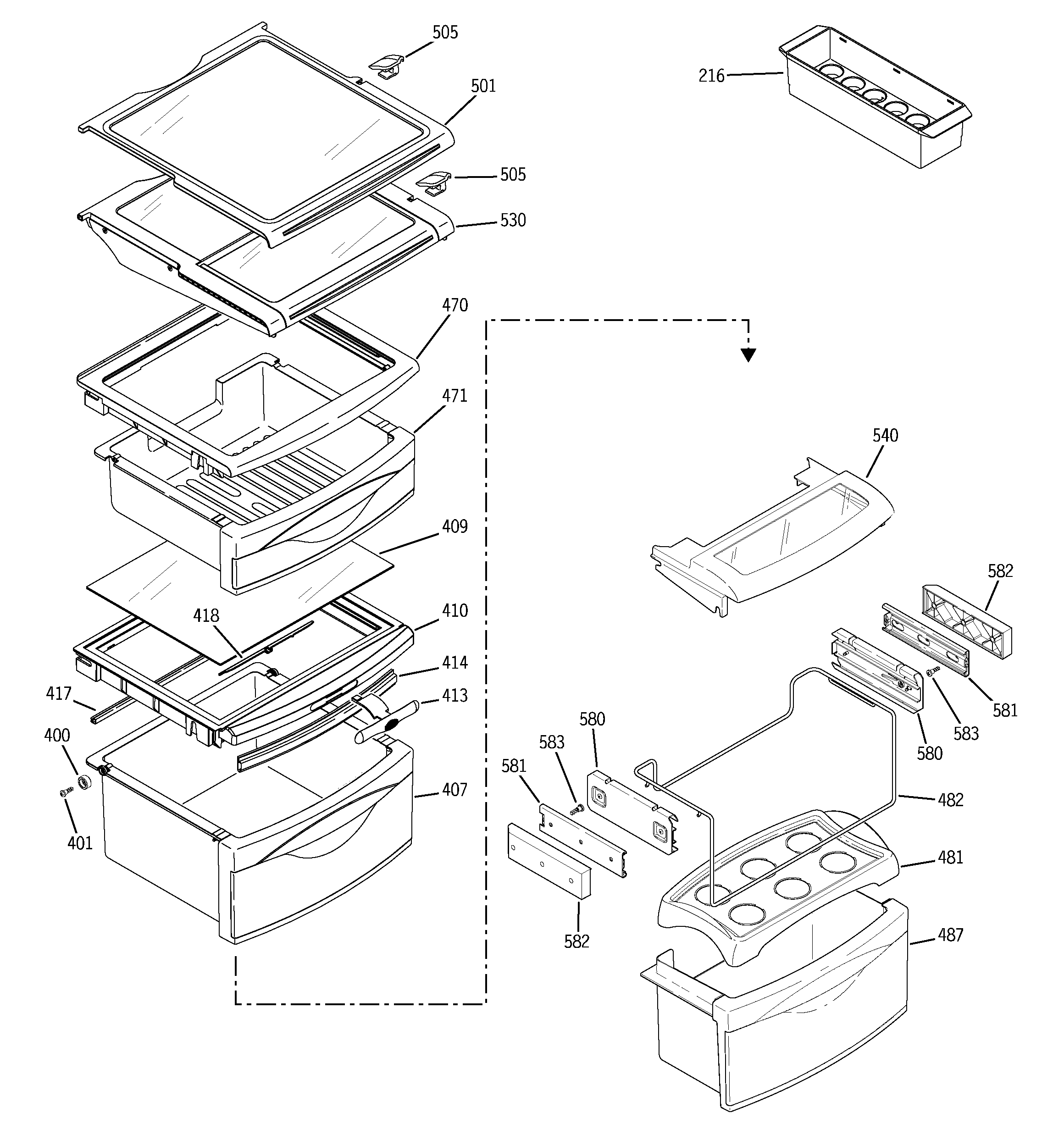 GE PSG25SGMHCBS fresh food shelves diagram