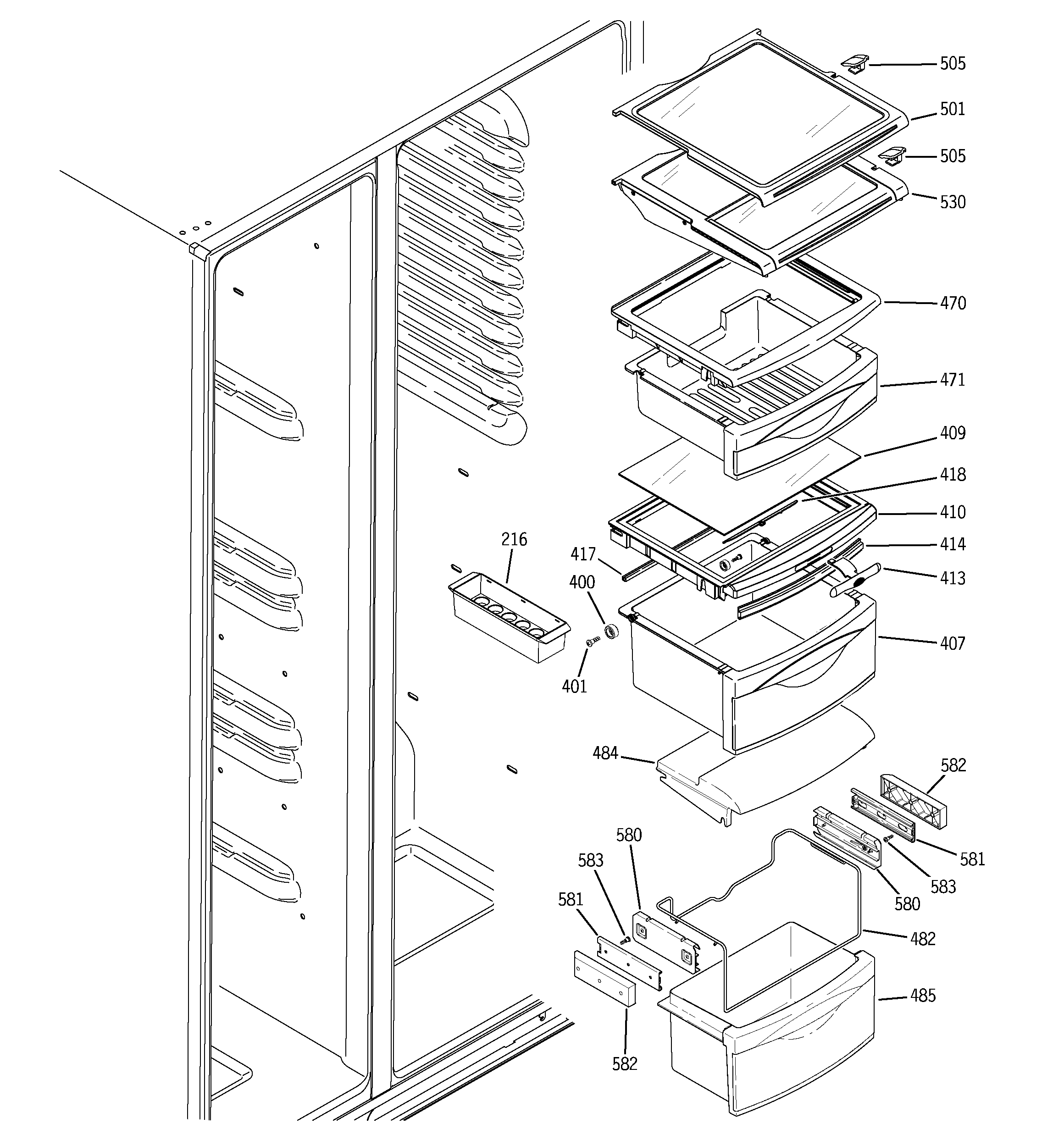 GE PSK27MGNCCCC fresh food shelves diagram