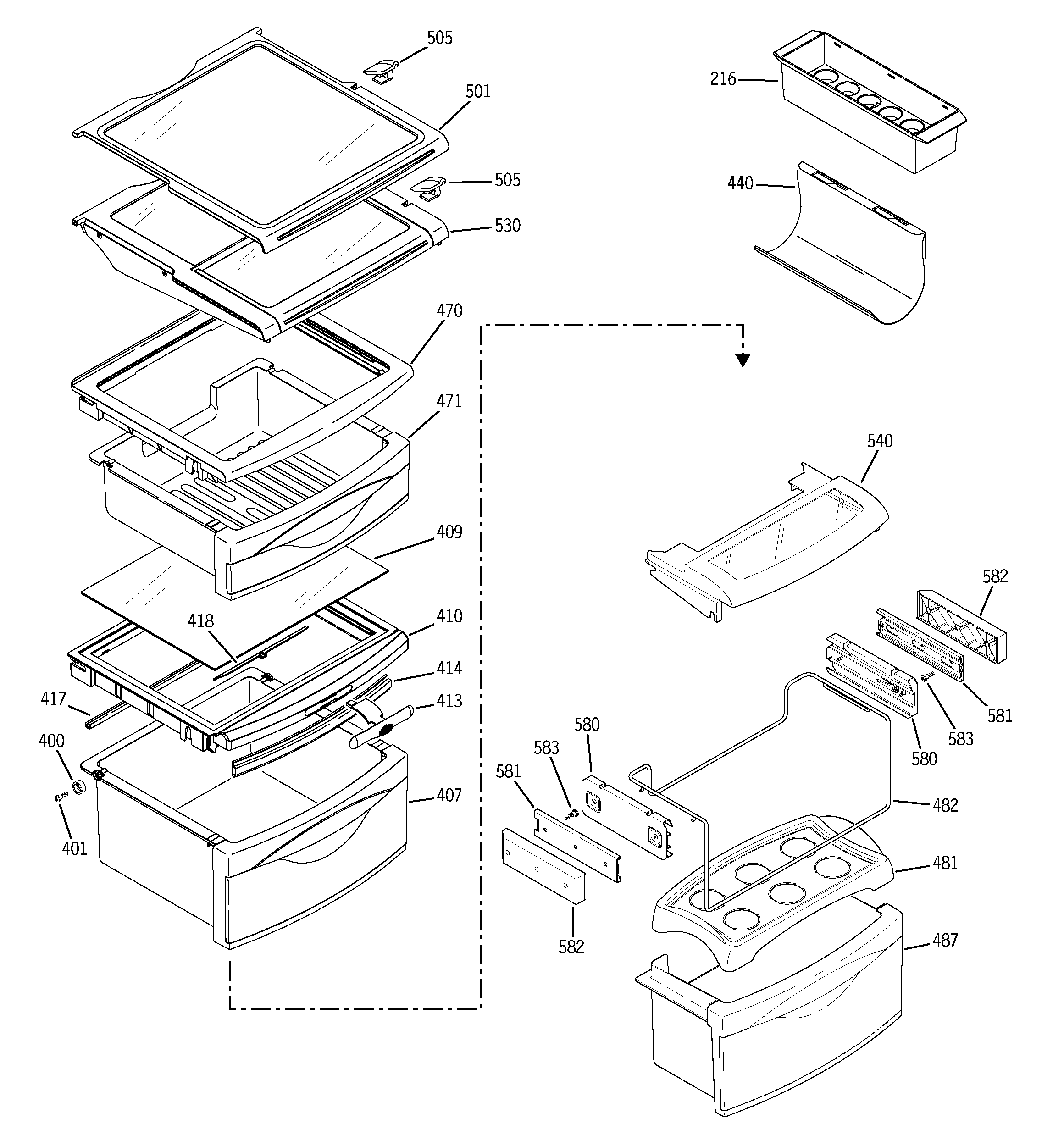 GE PSK27NHNCCWW fresh food shelves diagram