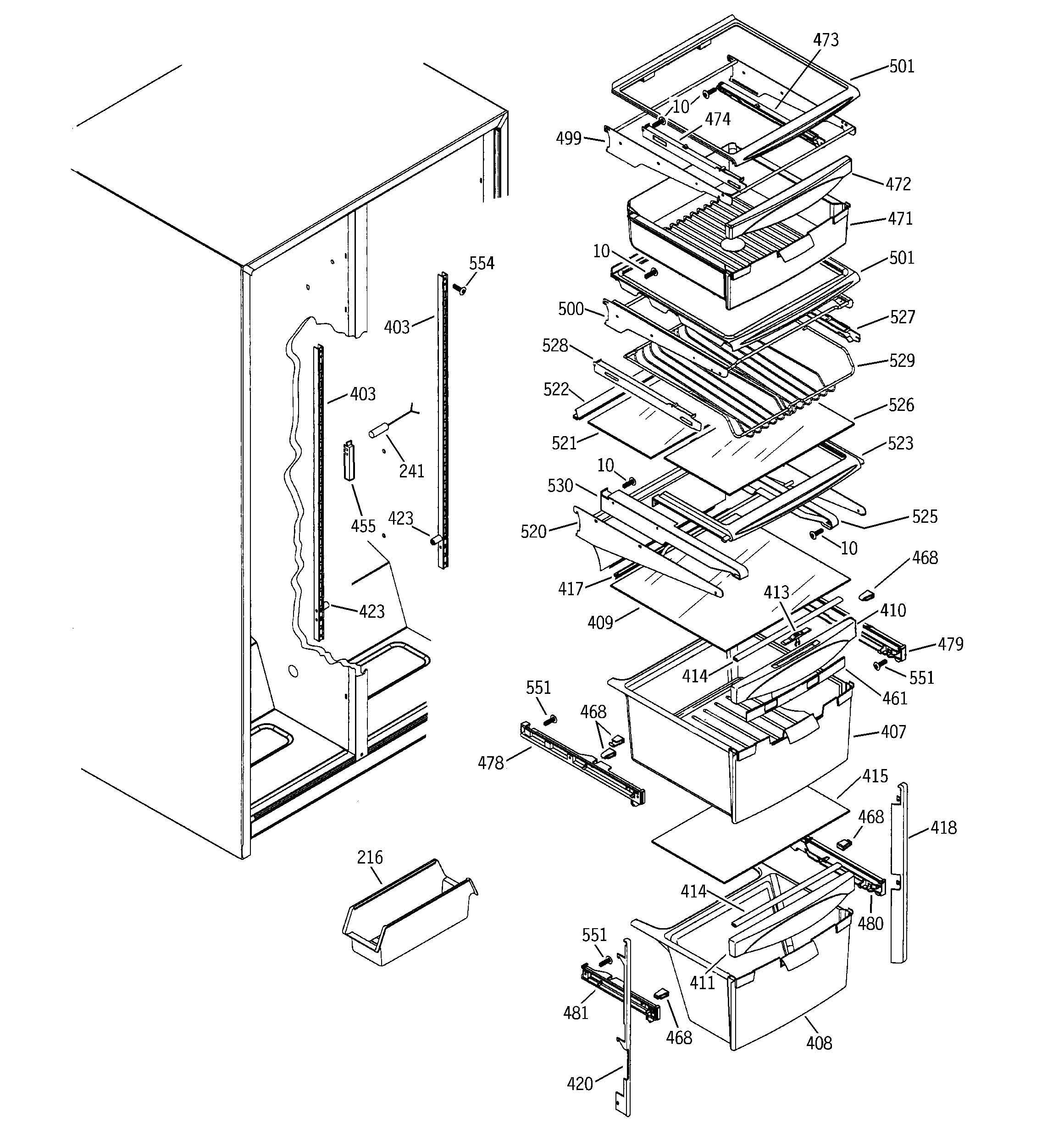 GE ESL22XGRBBS fresh food shelves diagram