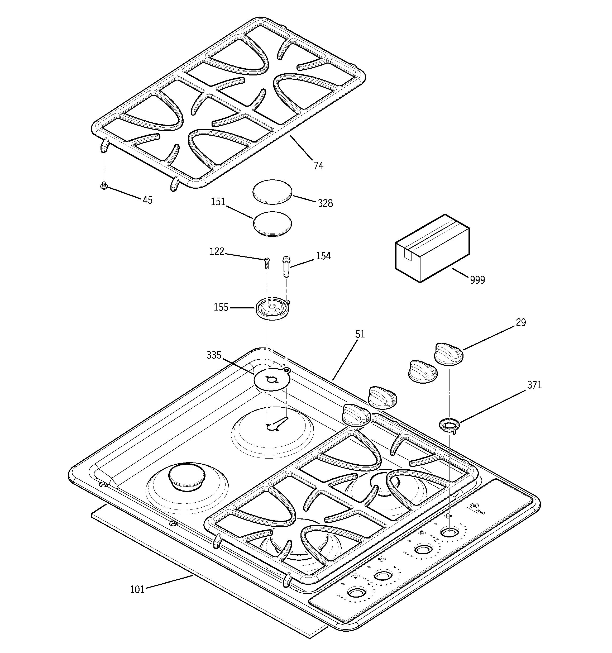 GE JGP933BEJ1BB control panel & cooktop diagram