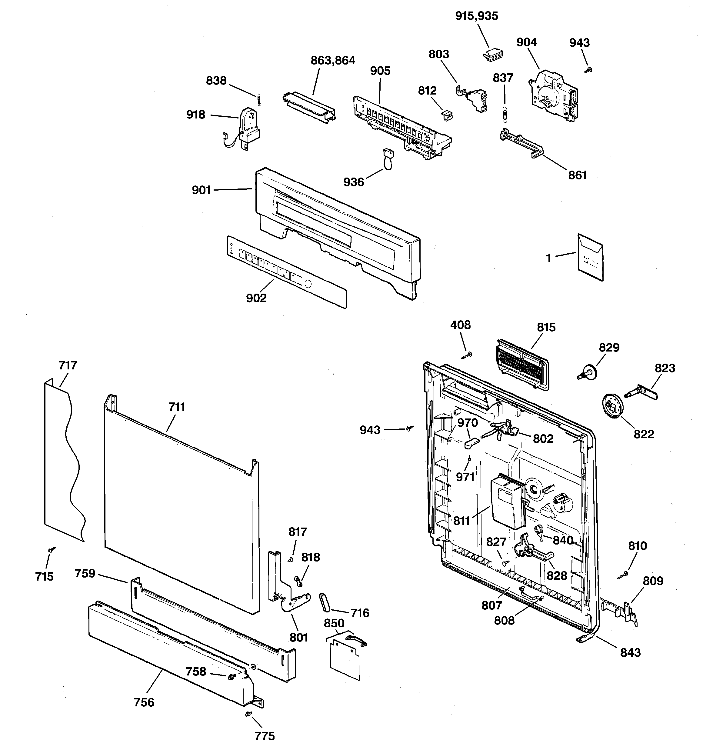 GE GSD5700G01BB escutcheon & door assembly diagram