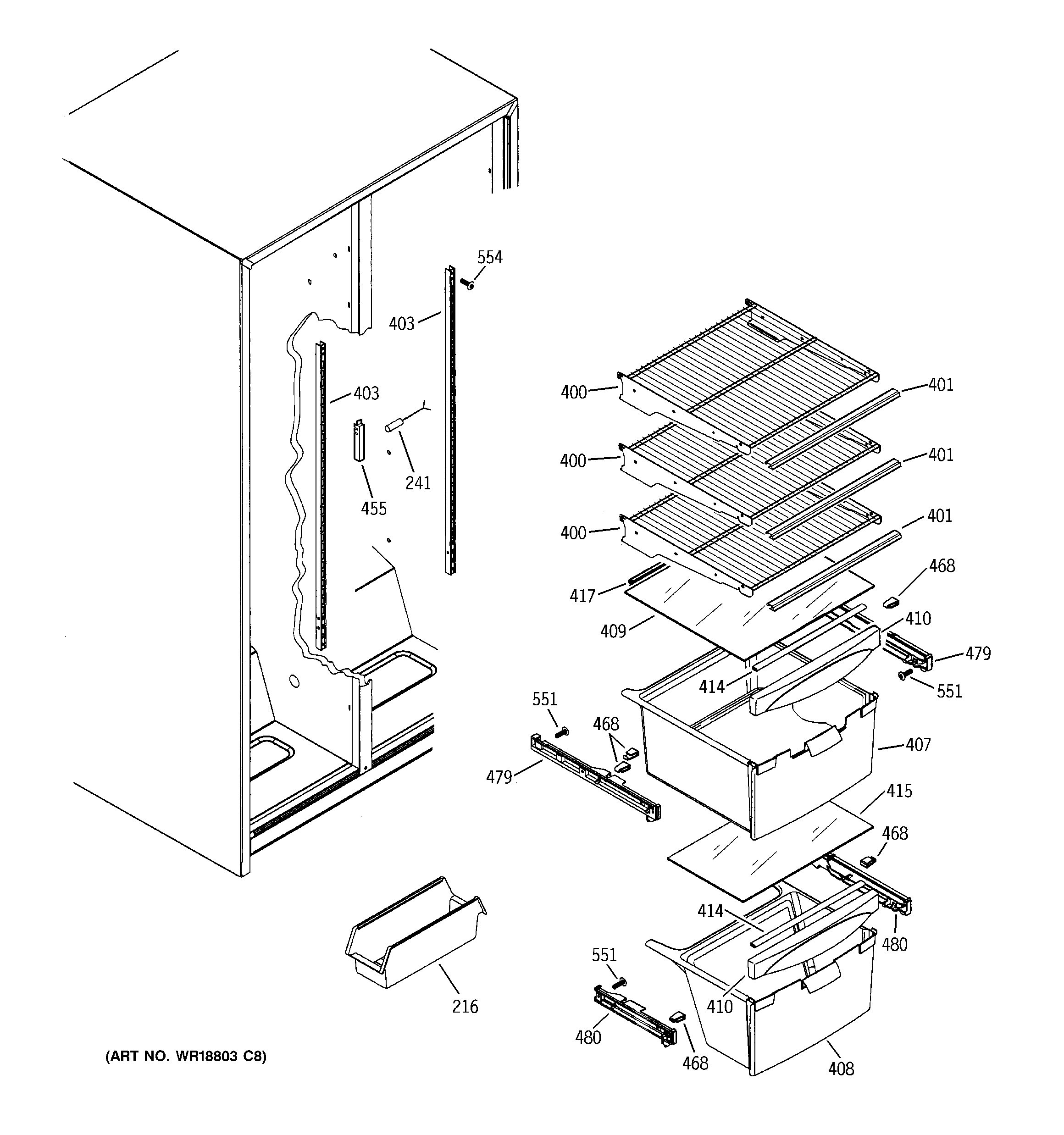 GE GST20DBMDWW fresh food shelves diagram