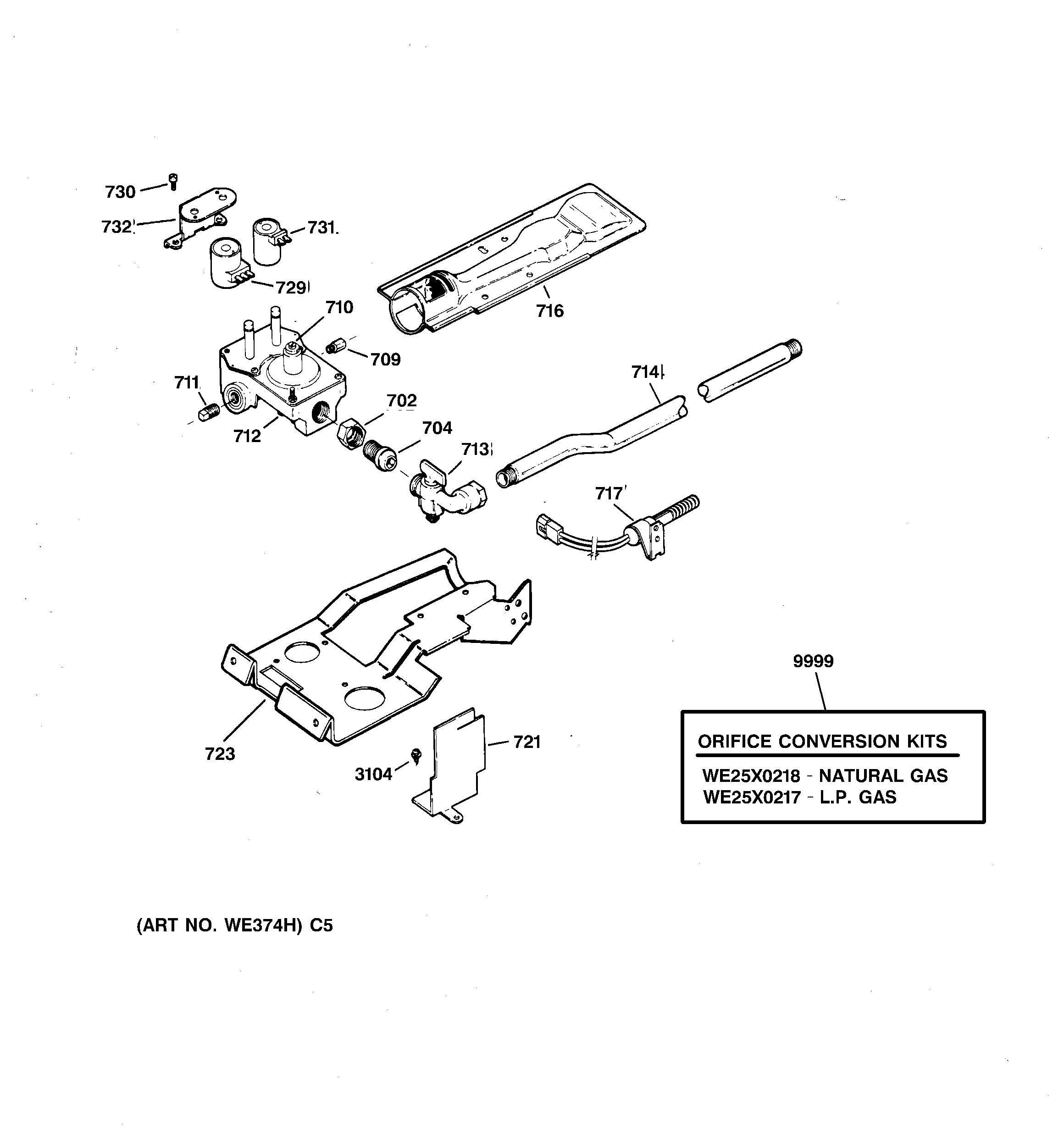 GE DDC4500SKM gas valve & burner assembly diagram