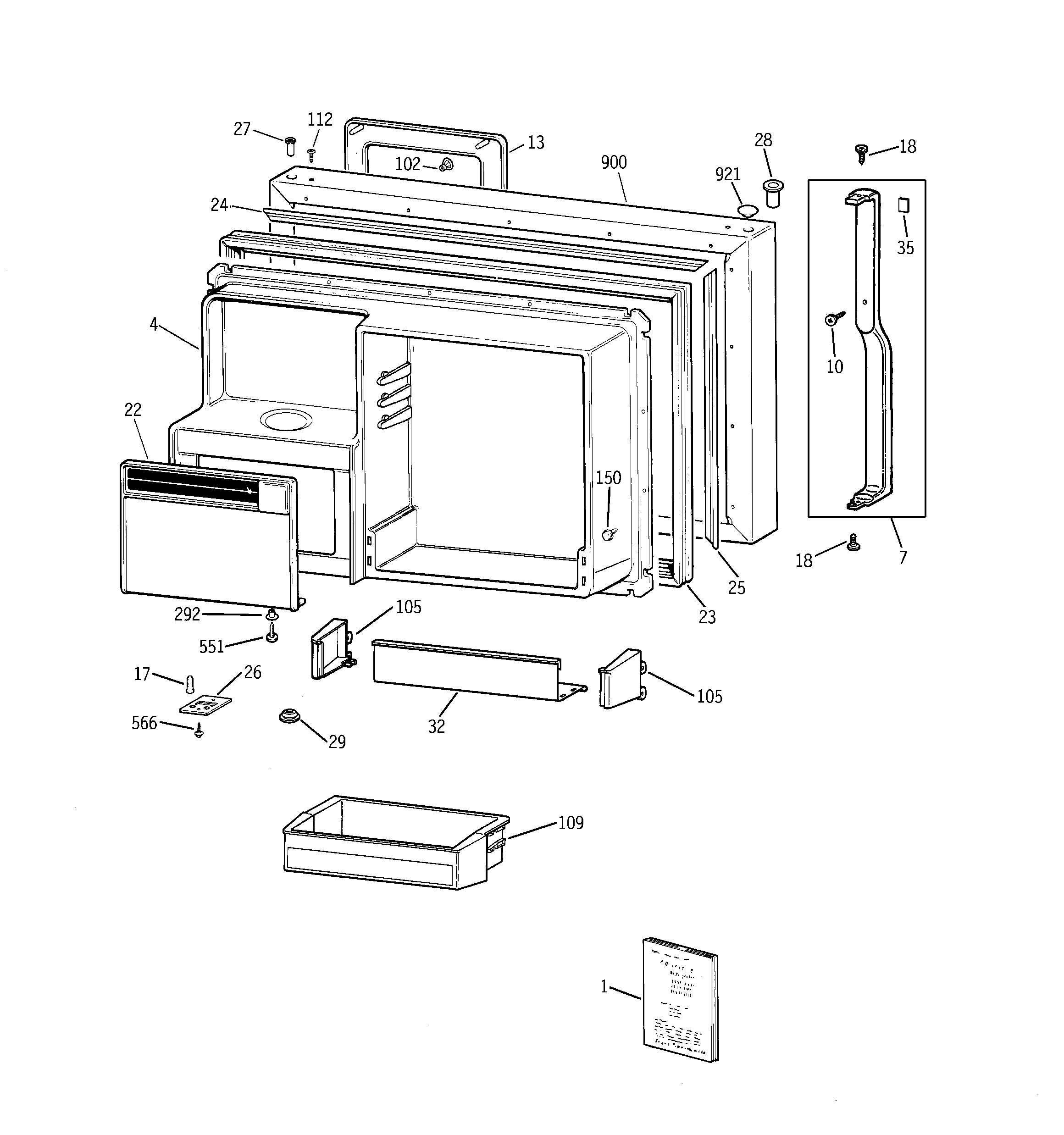 GE TBX25PRBMLWW freezer door diagram