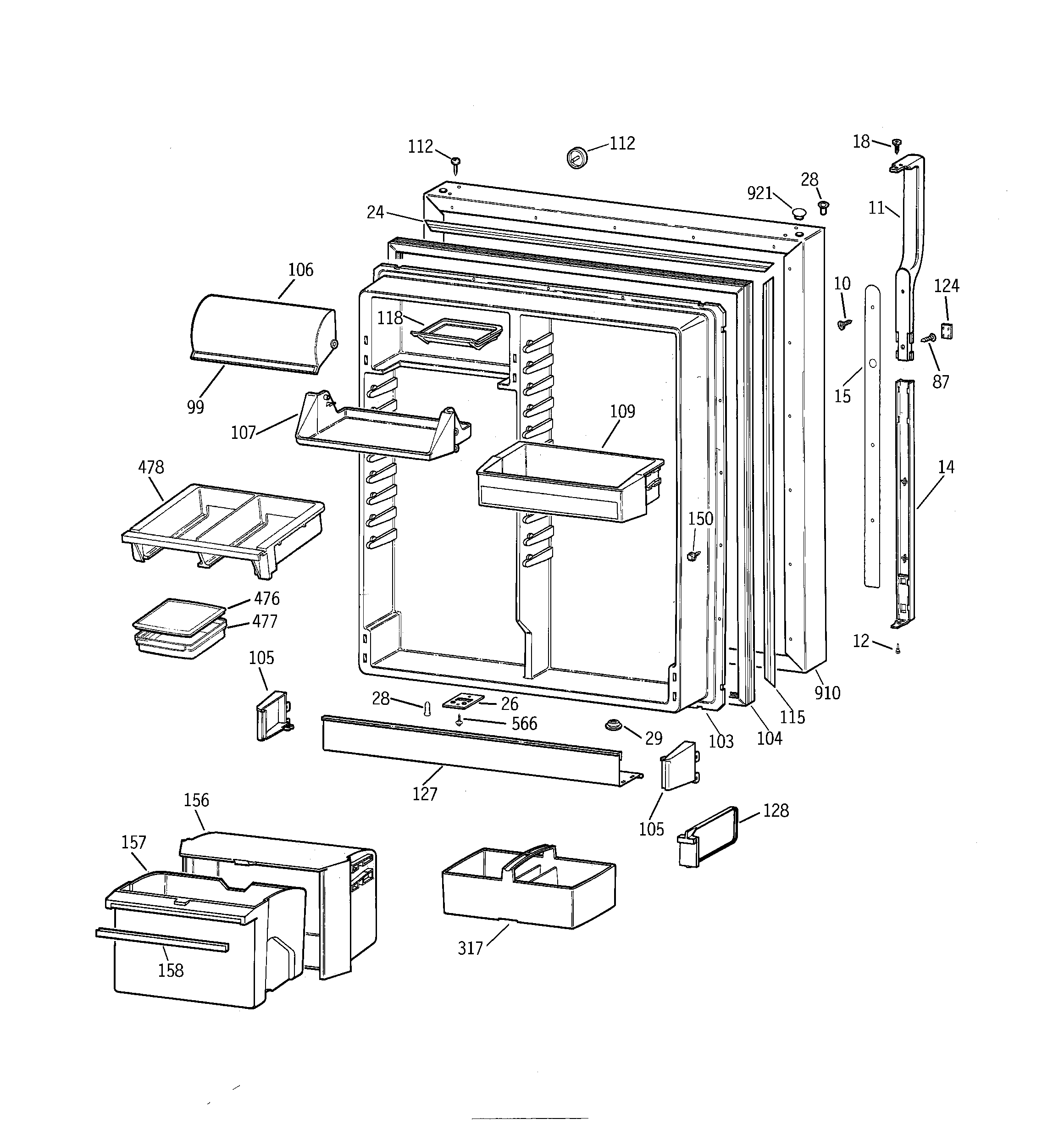 GE TBX25PRBMLWW fresh food door diagram
