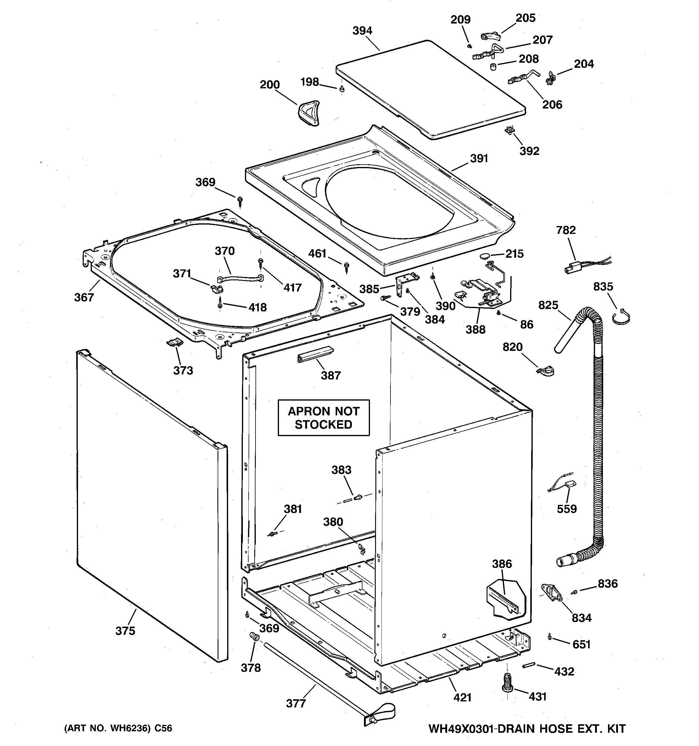 GE WCSR2090D4WW cabinet, cover & front panel diagram