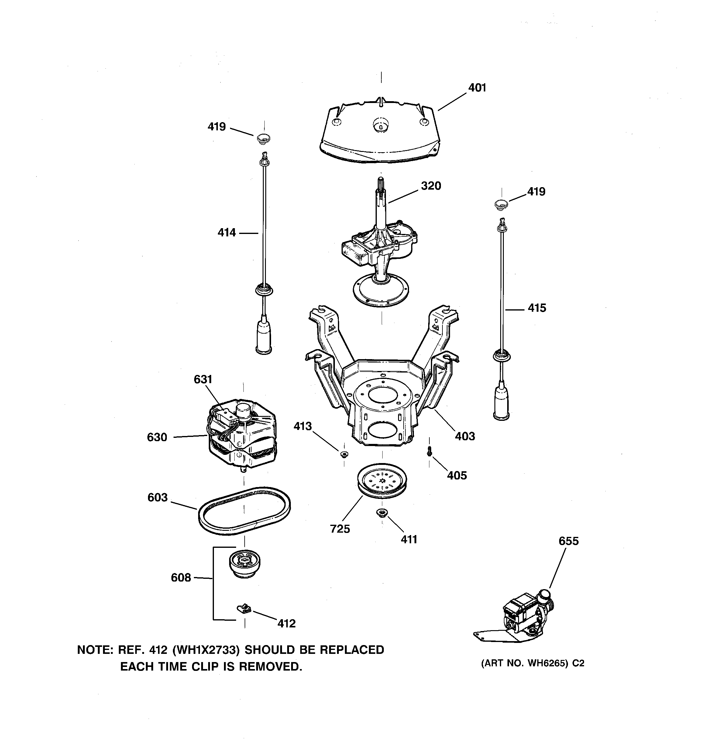GE WCSR2090D4WW suspension, pump & drive components diagram