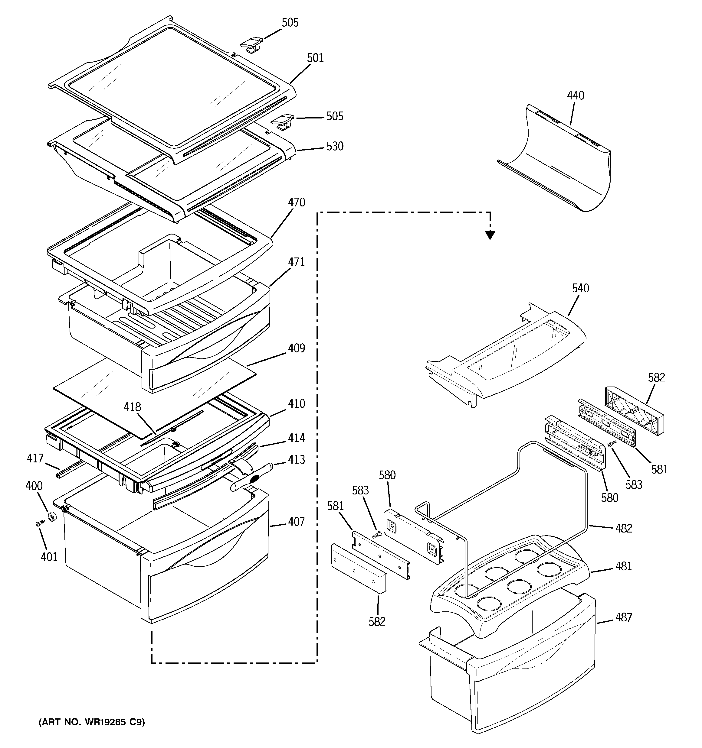 GE PCT23SHPASS fresh food shelves diagram