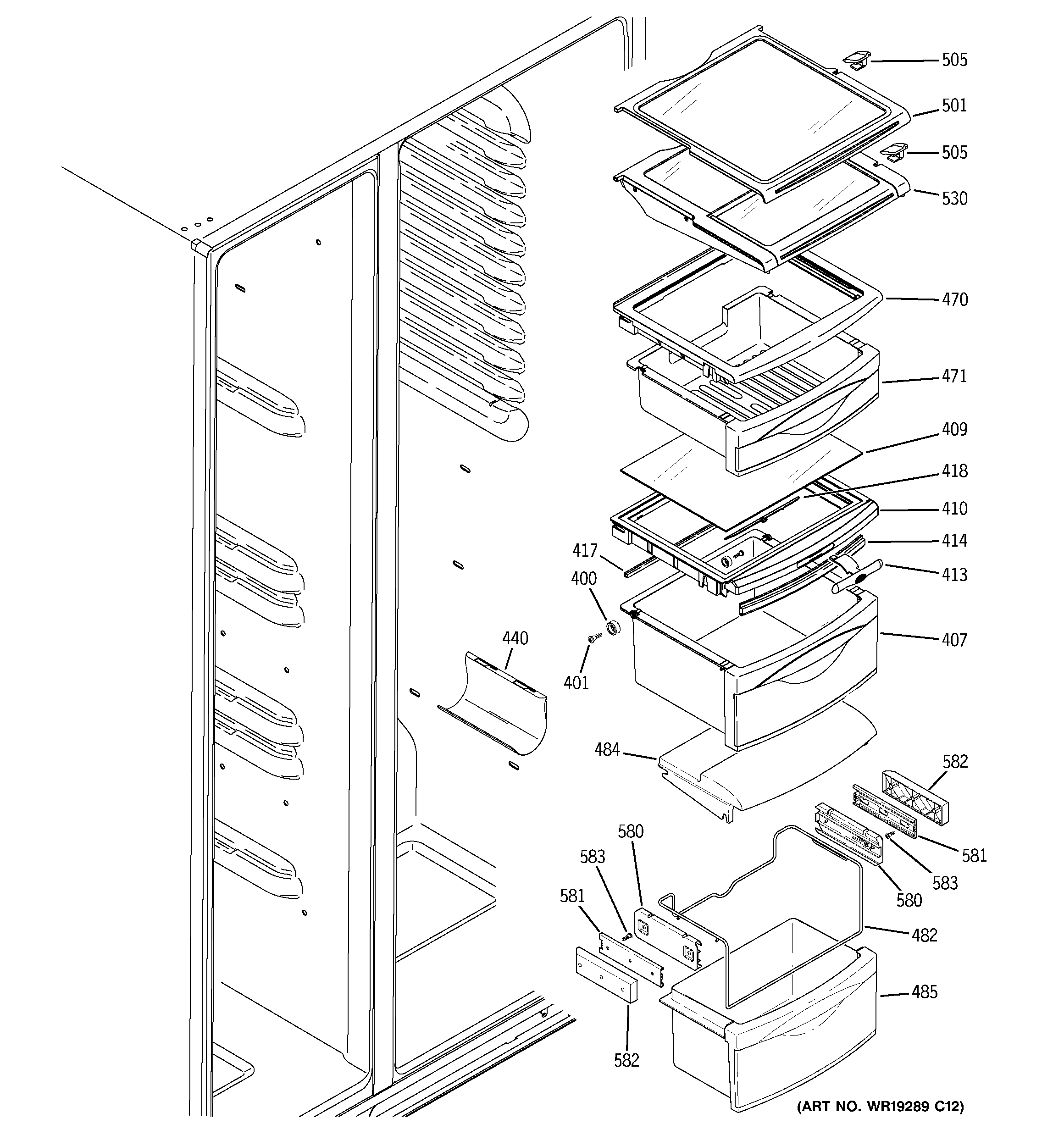 GE PSR26UHPBSS fresh food shelves diagram