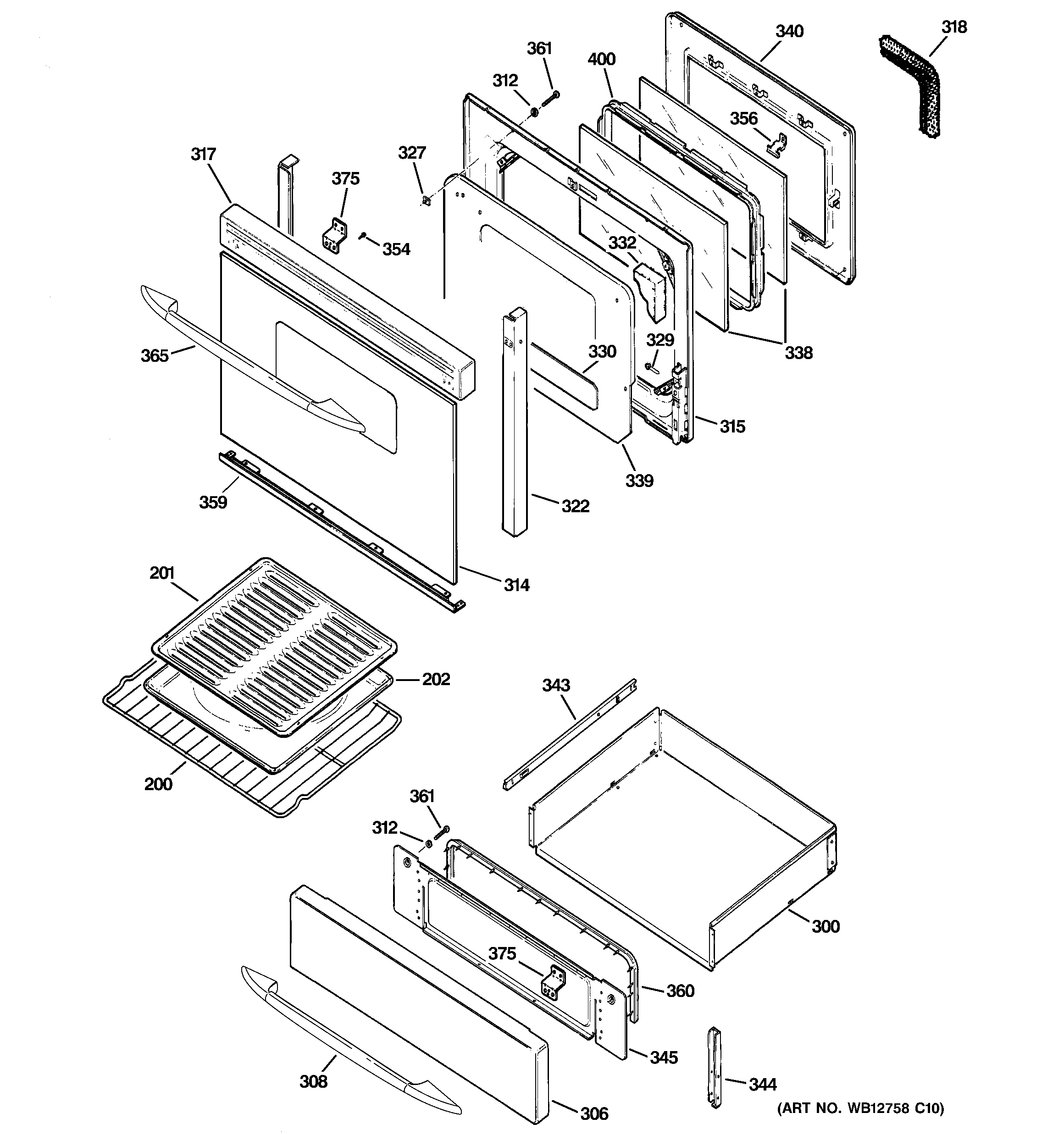 GE JGB905BEF3BB door & drawer parts diagram