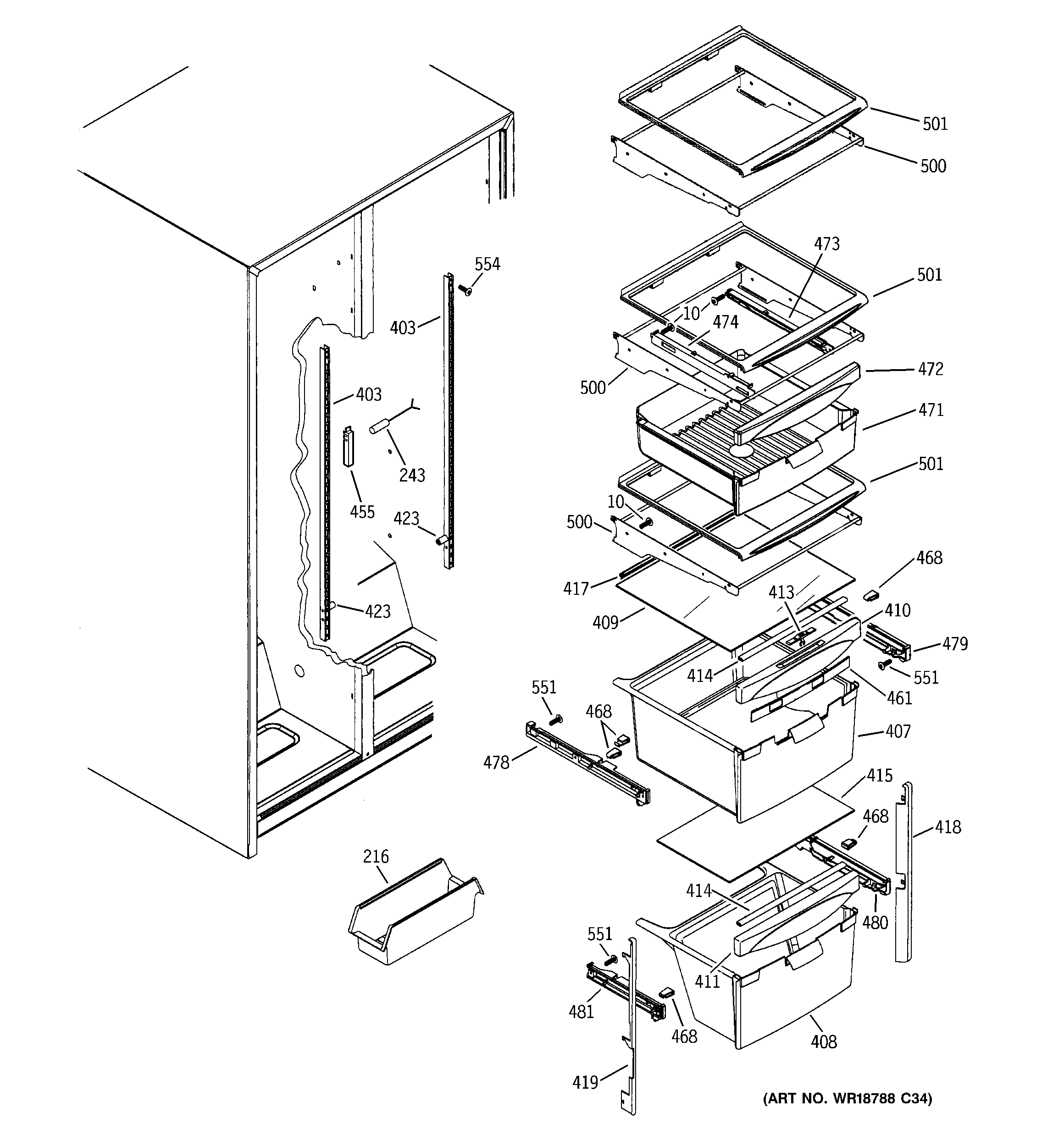 GE GSS22WGPHWW fresh food shelves diagram