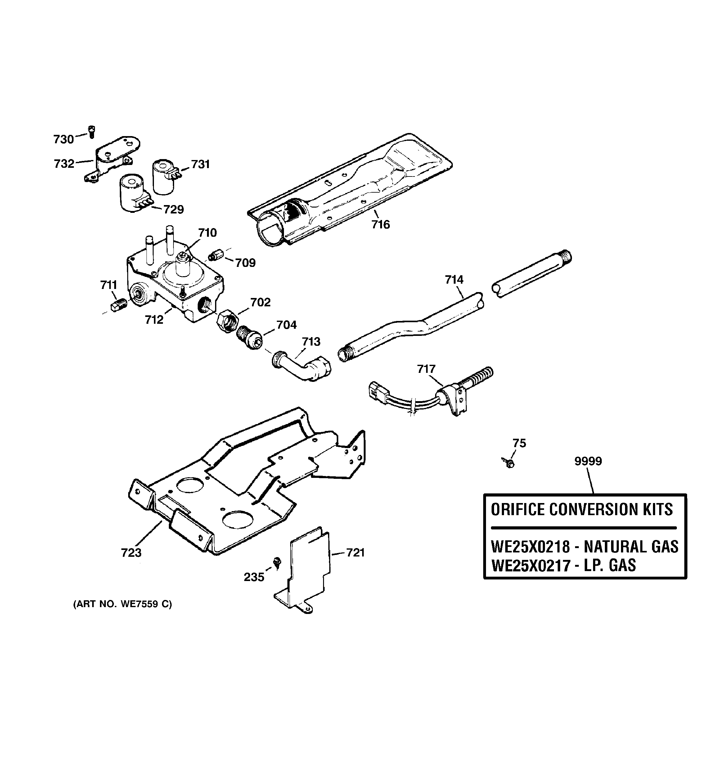 GE DPSB620GC2WW gas valve & burner assembly diagram