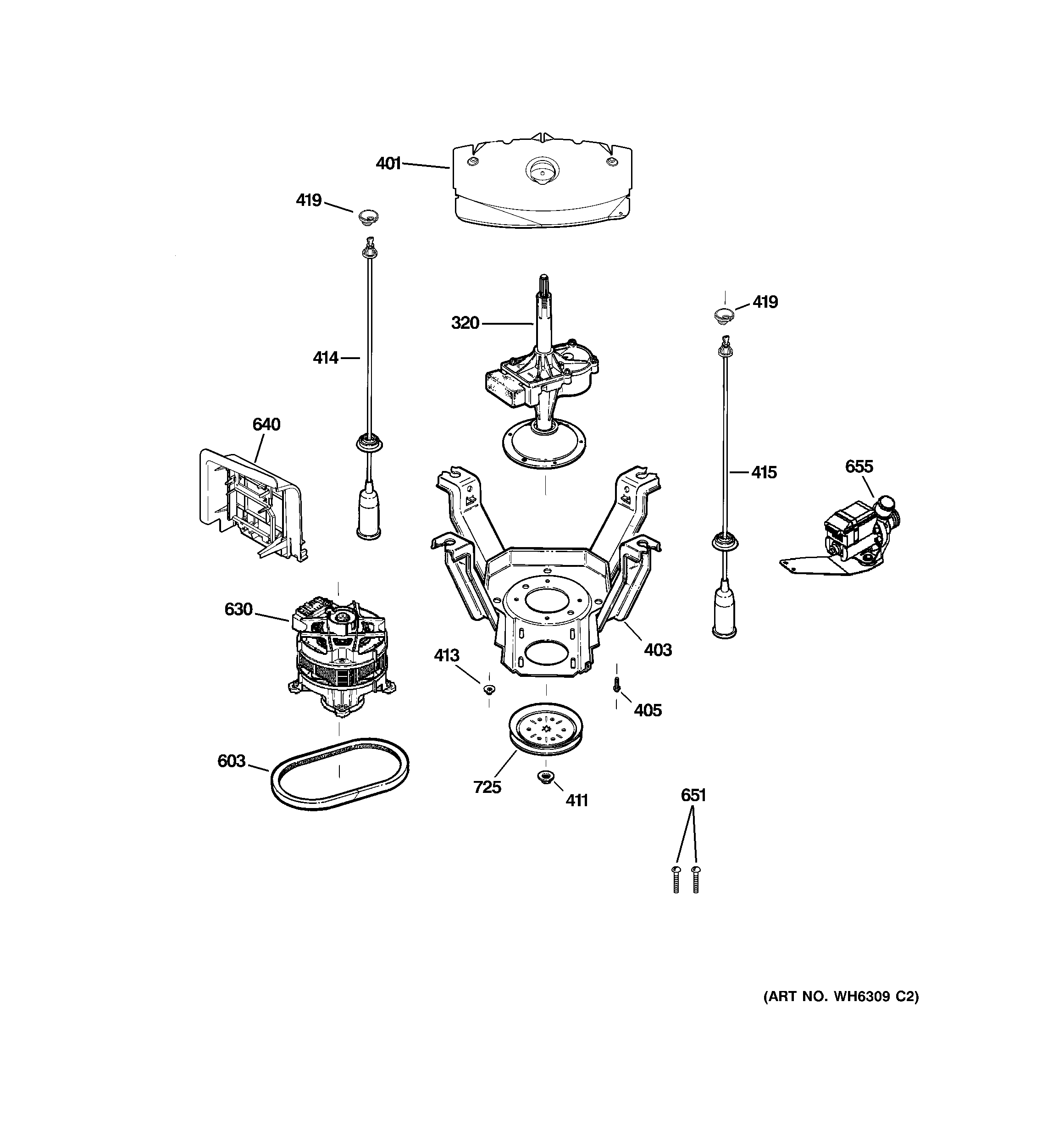 GE WPRB9110D1WW suspension, pump & drive components diagram