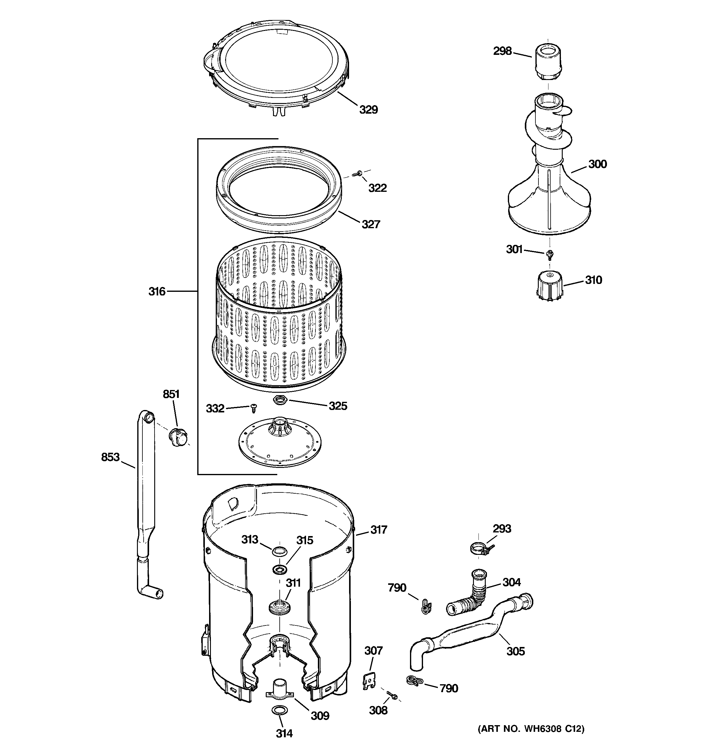 GE WWRE6260D1CC tub, basket & agitator diagram