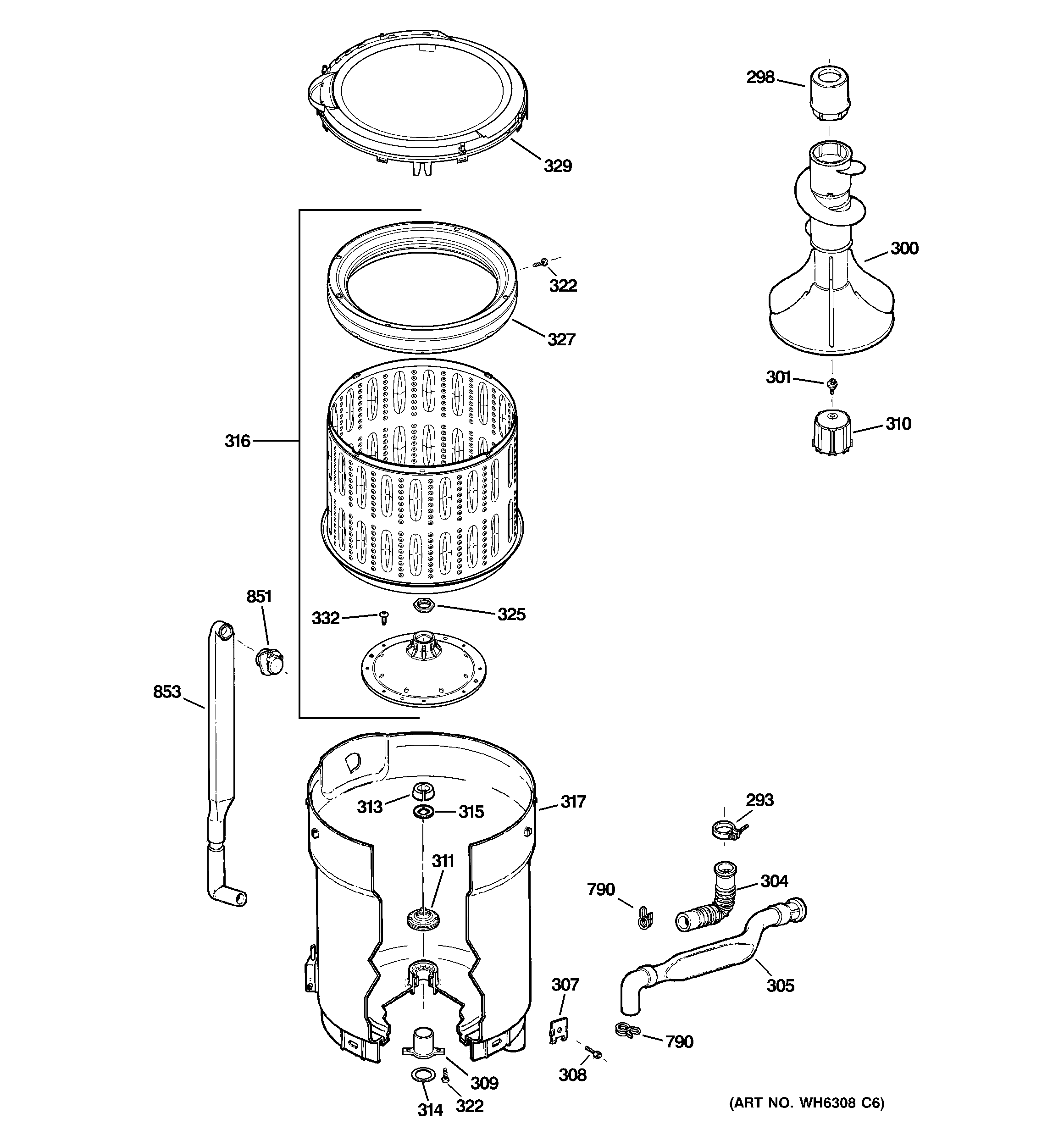 GE WPRB8050D1WW tub, basket & agitator diagram