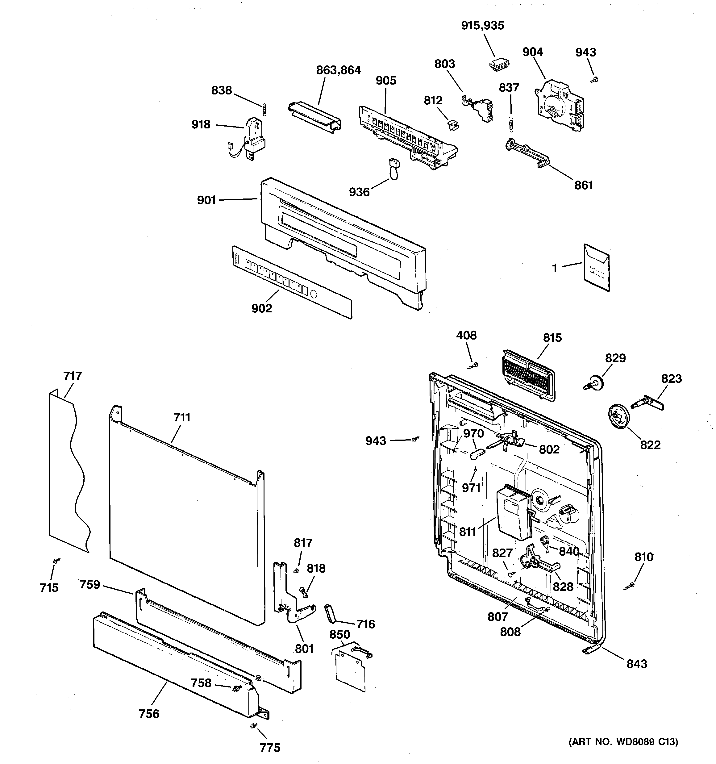 GE EDW3000G01BB escutcheon & door assembly diagram