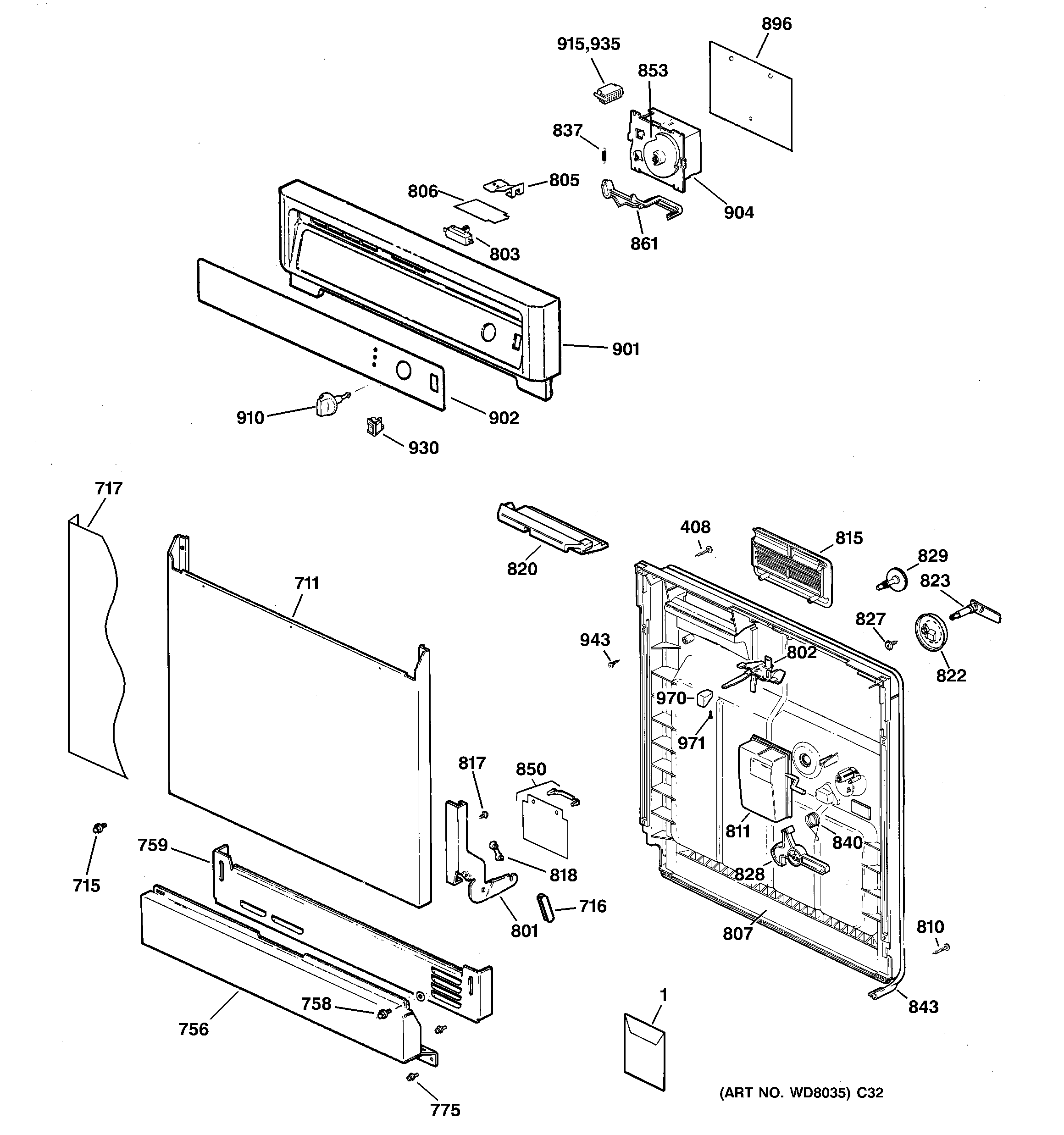 GE GSDL112F02WW escutcheon & door assembly diagram