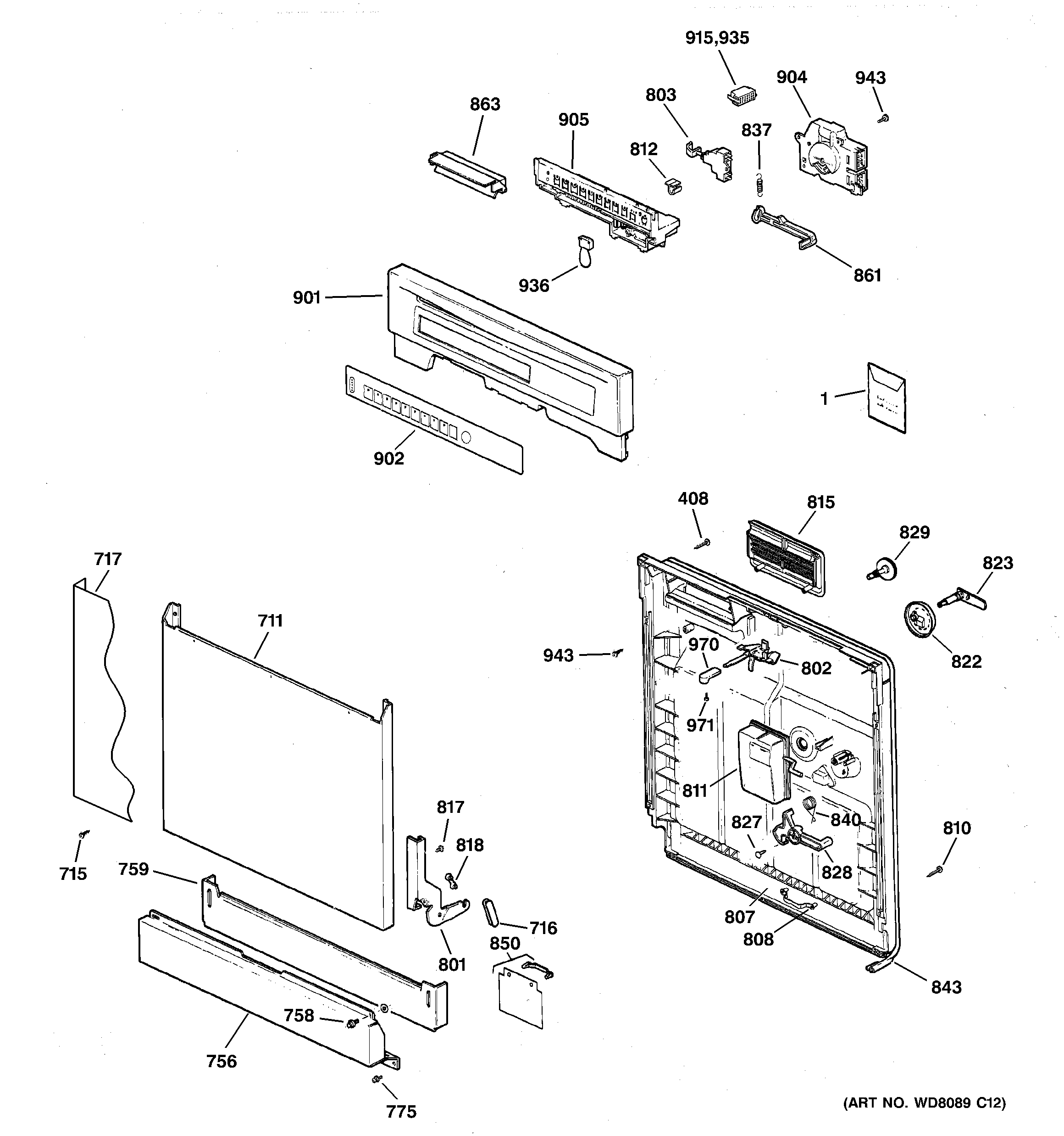 GE GSD5300G03WW escutcheon & door assembly diagram