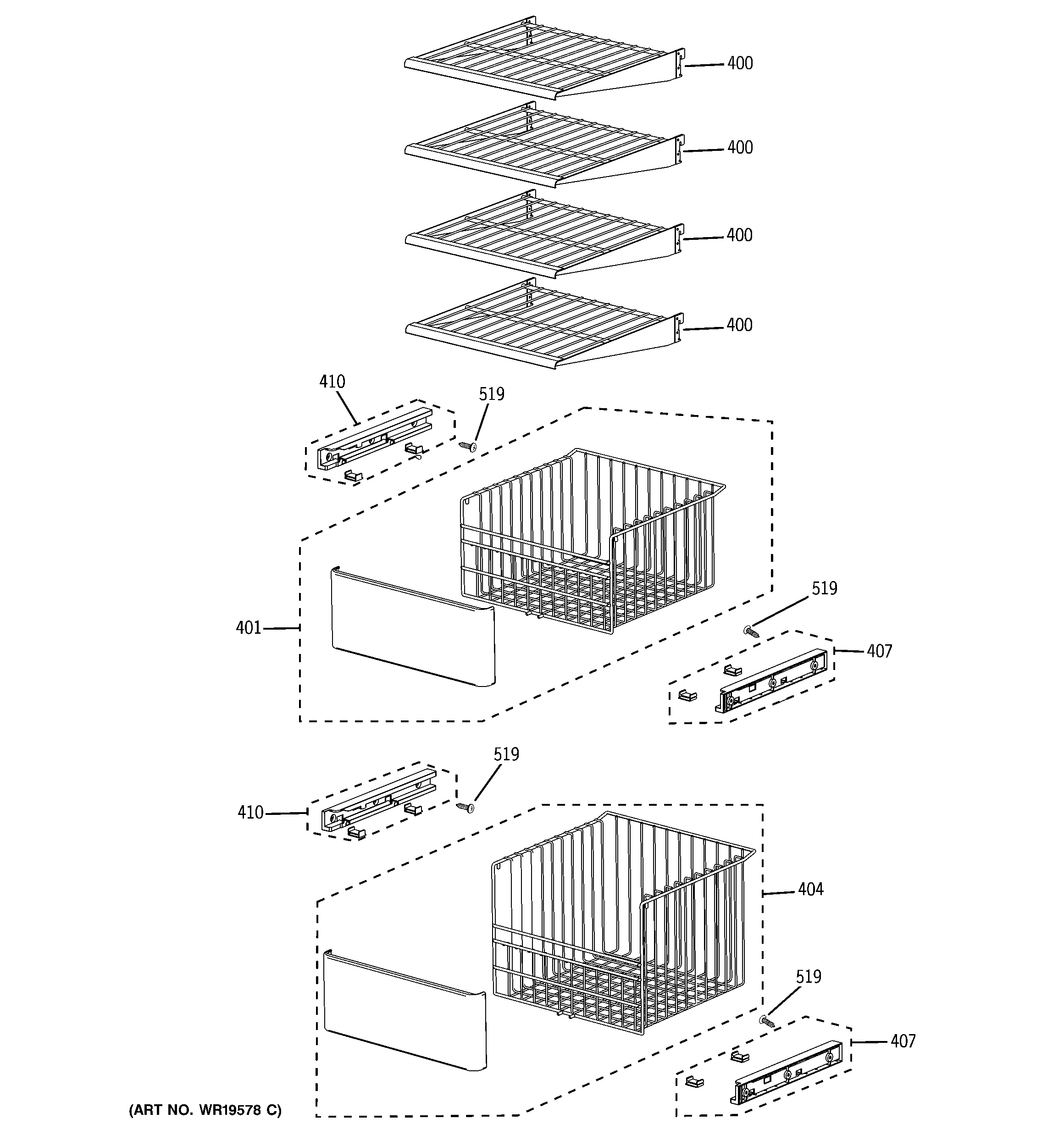 GE PSB42LGRWV freezer shelves diagram