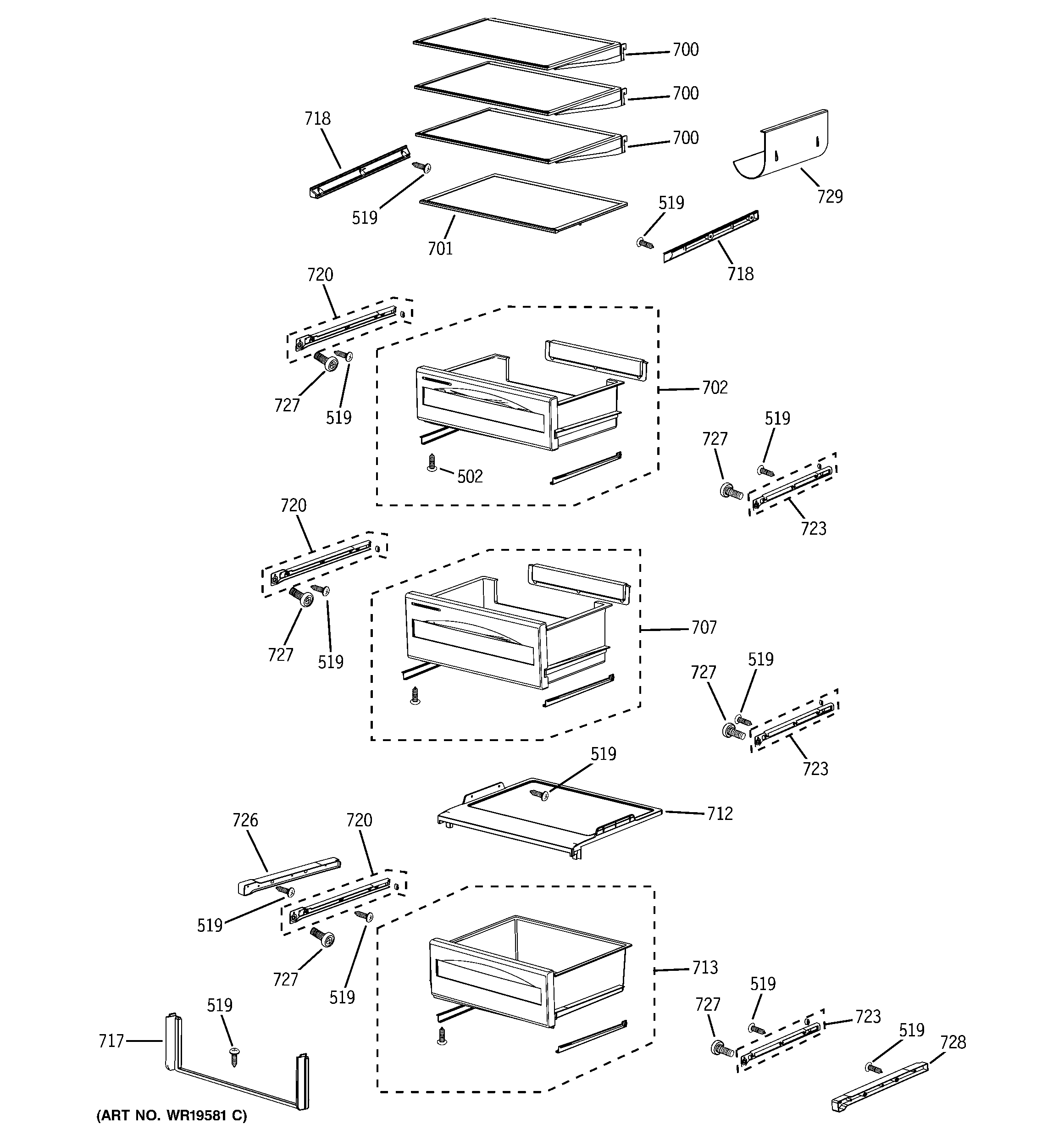 GE PSB42LGRWV fresh food shelves diagram
