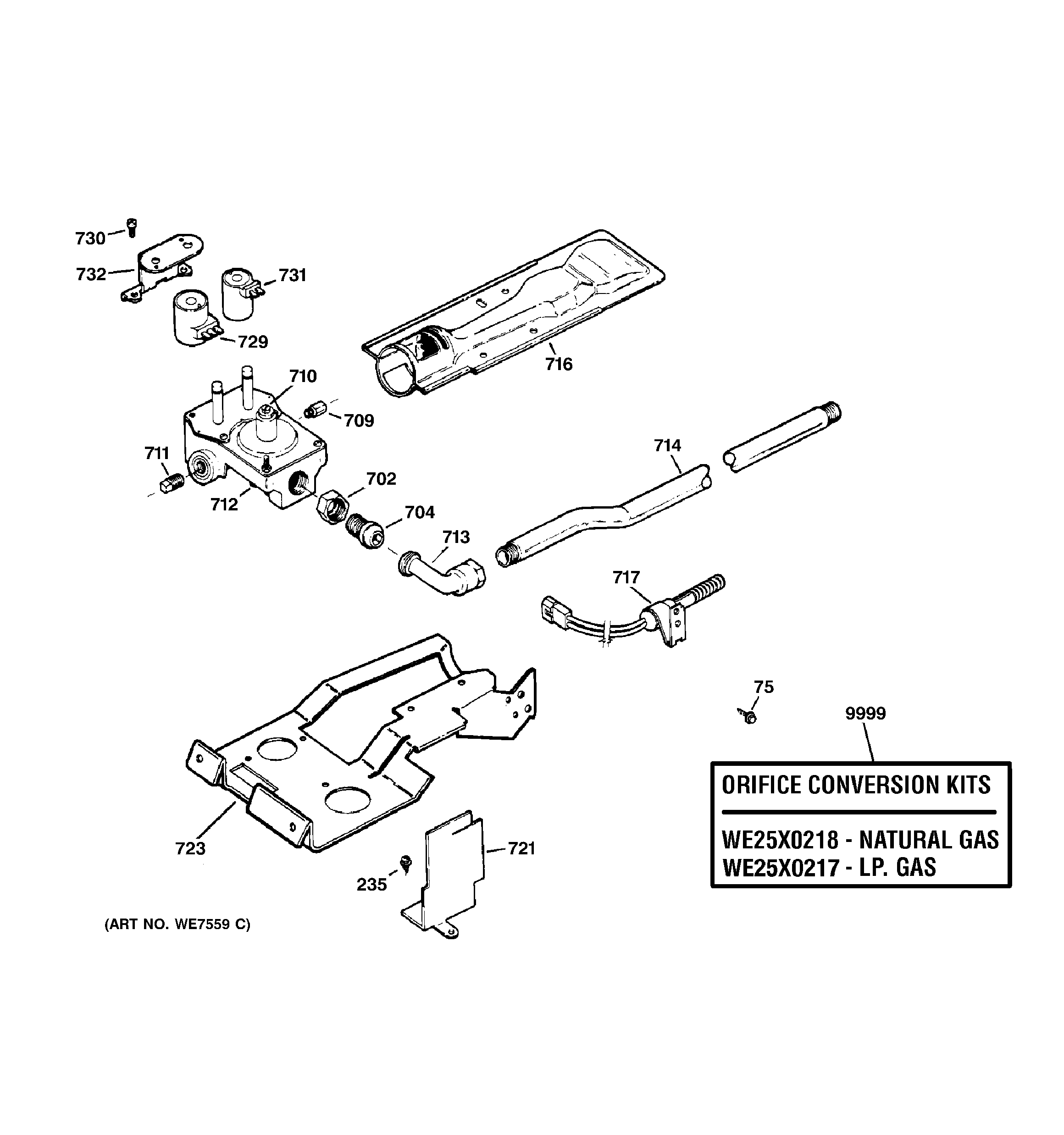 GE DPSB613GD1WW gas valve & burner assembly diagram