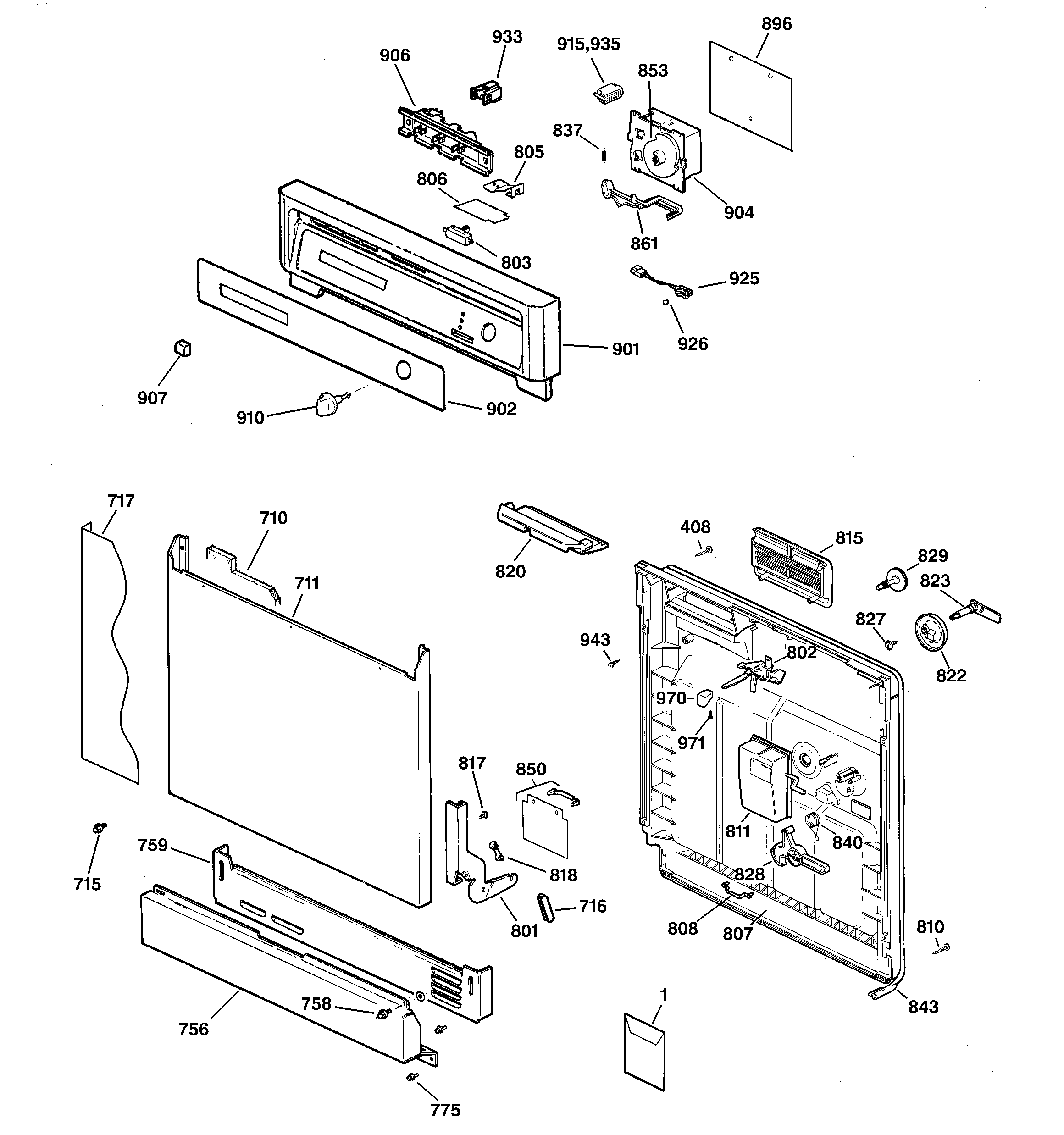 GE GSD3320C03BB escutcheon & door assembly diagram