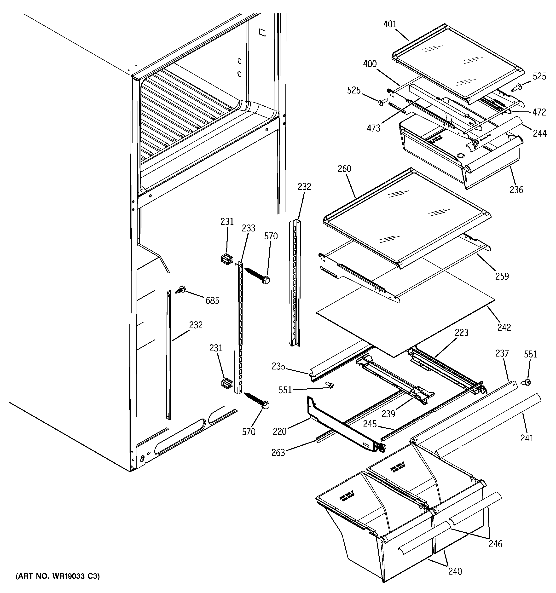 GE GTS18JBPERWW fresh food shelves diagram