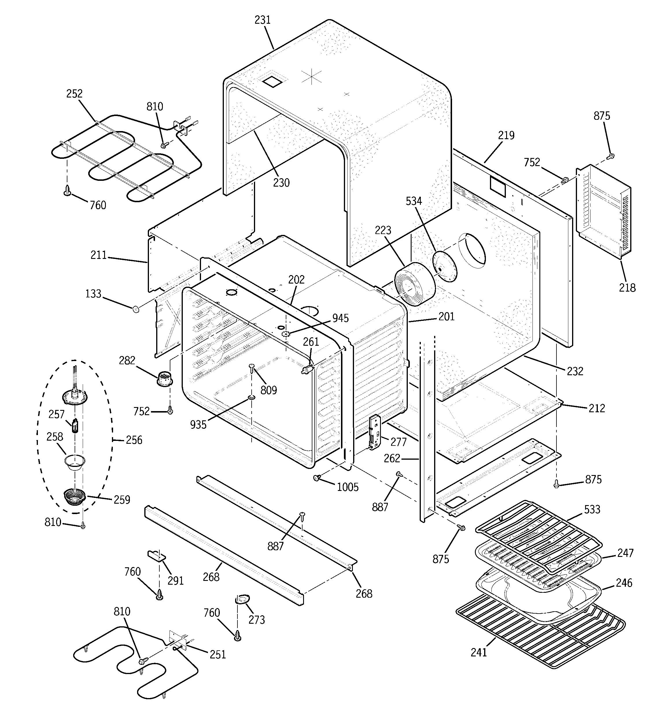 GE JT980BH1BB lower oven body diagram
