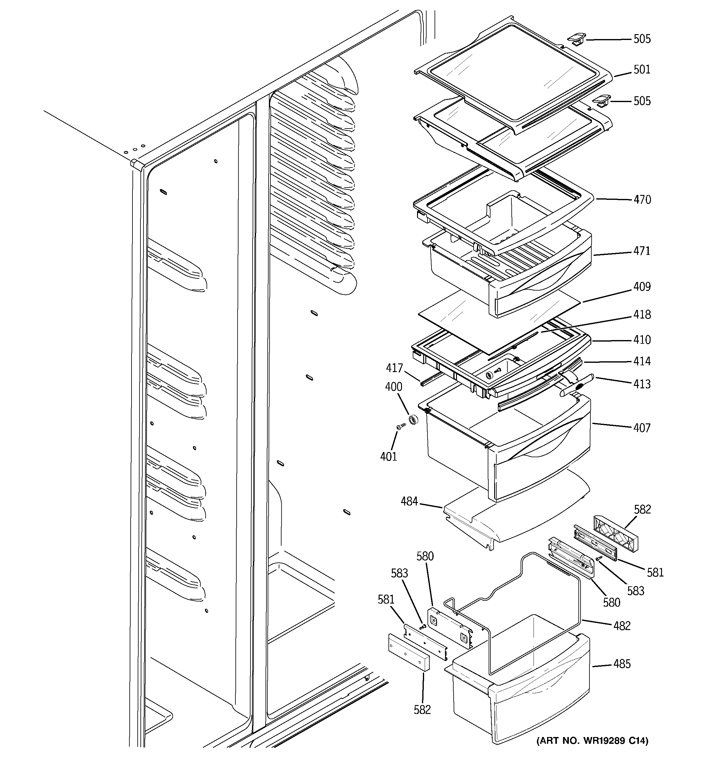 GE GSC21KGRABB fresh food shelves diagram