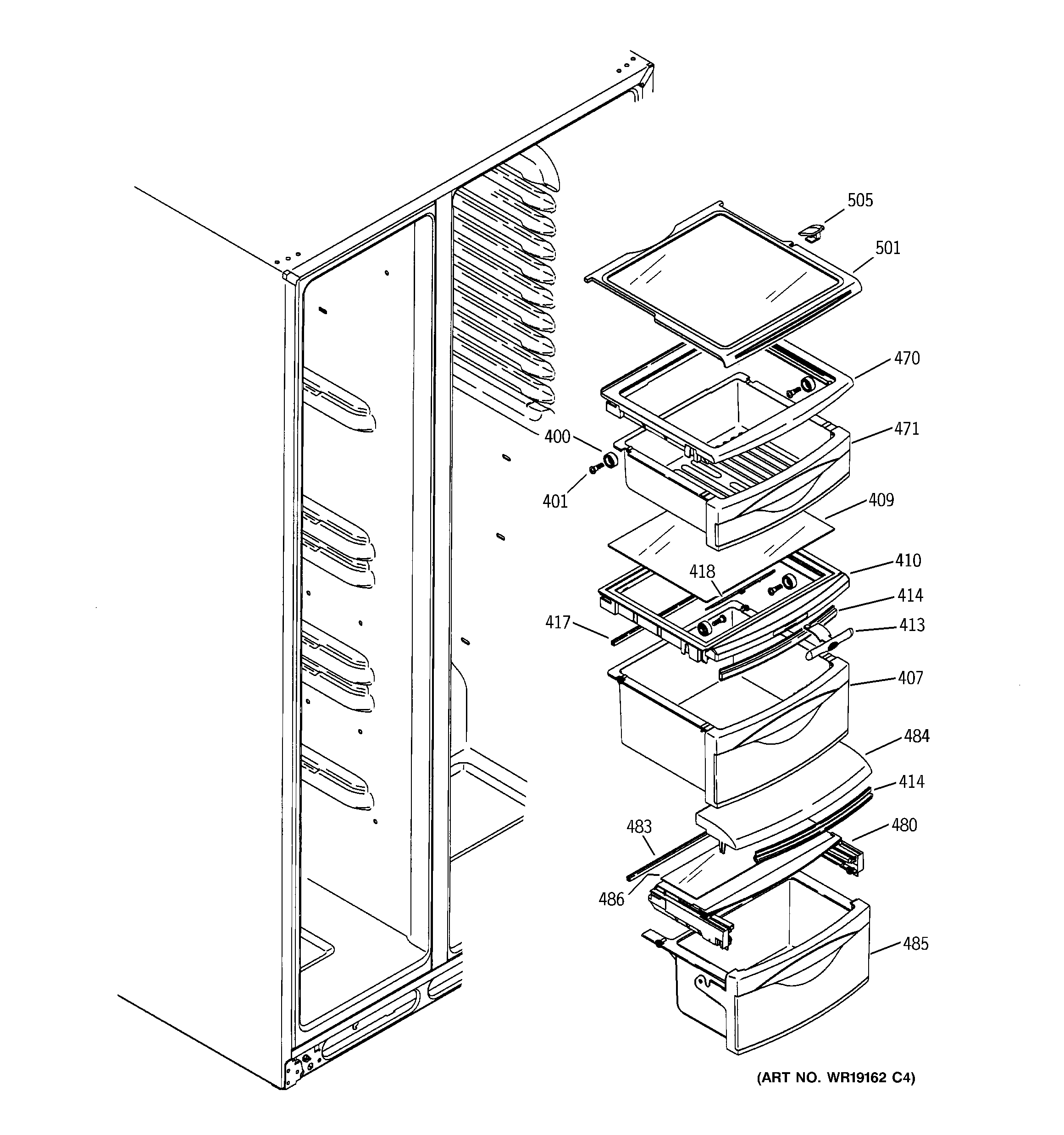 GE DSS25KGRBBB fresh food shelves diagram