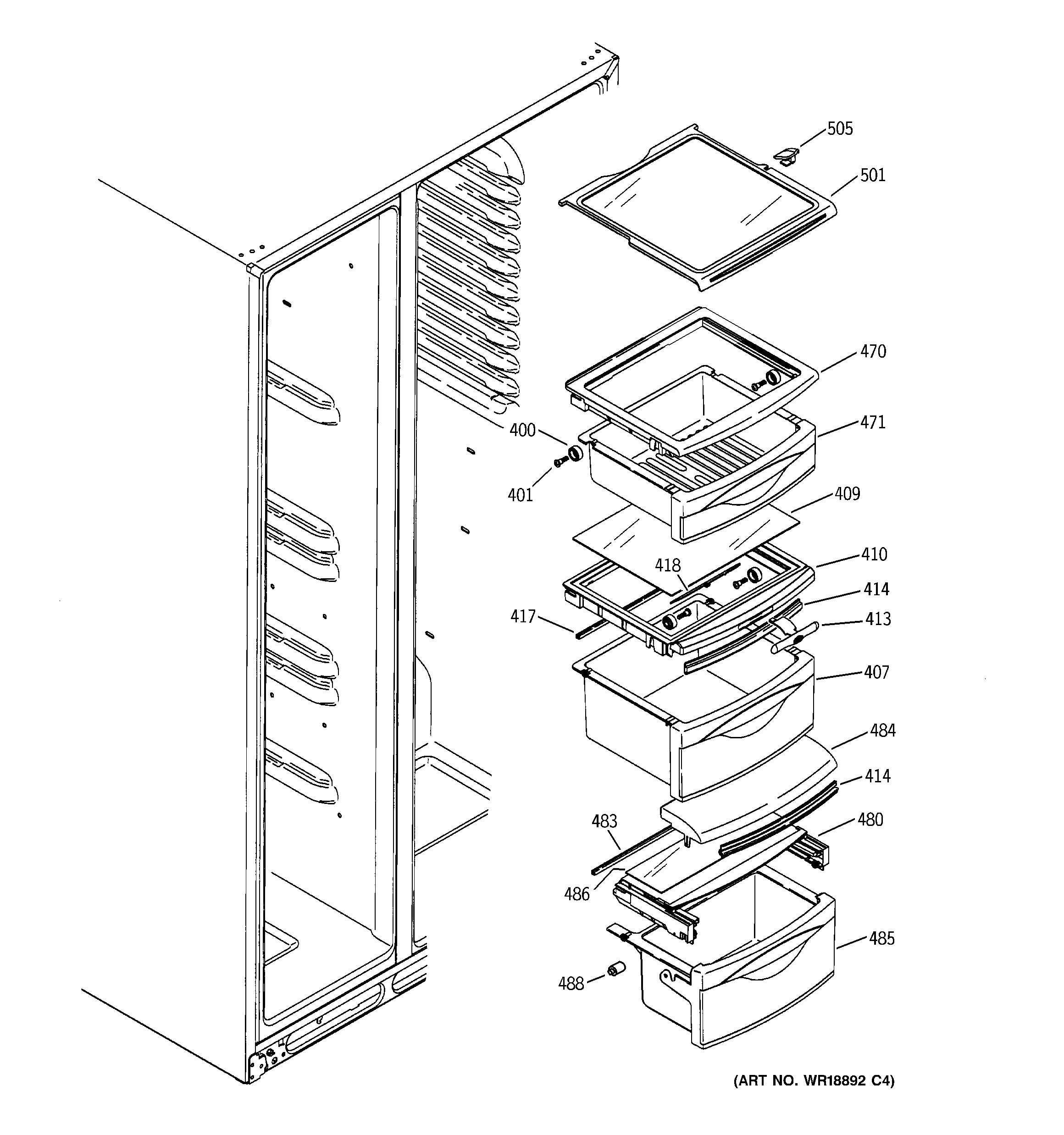 GE GSS25TGPBWW fresh food shelves diagram