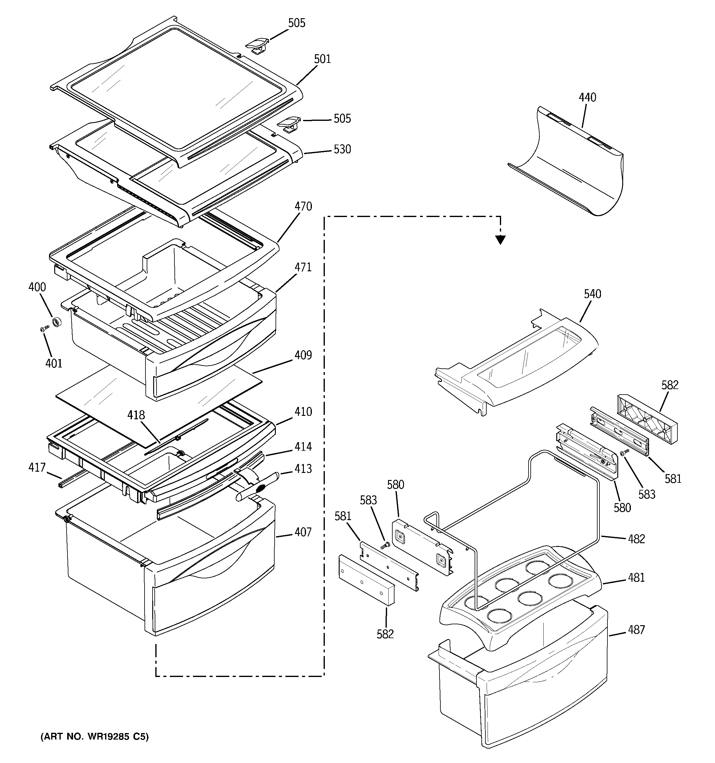 GE PSC23NHPBBB fresh food shelves diagram