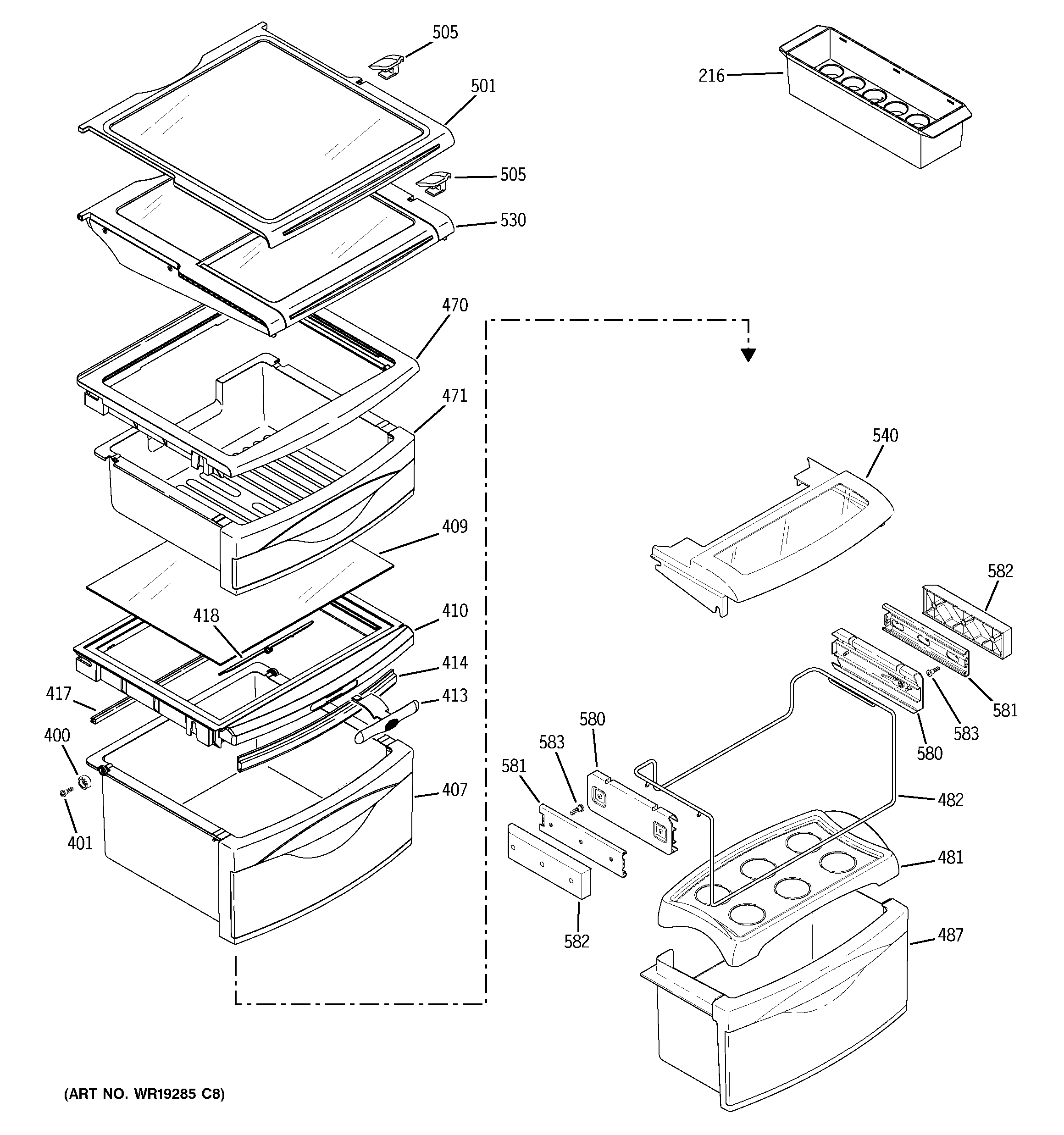 GE PSK25NGNCCCC fresh food shelves diagram