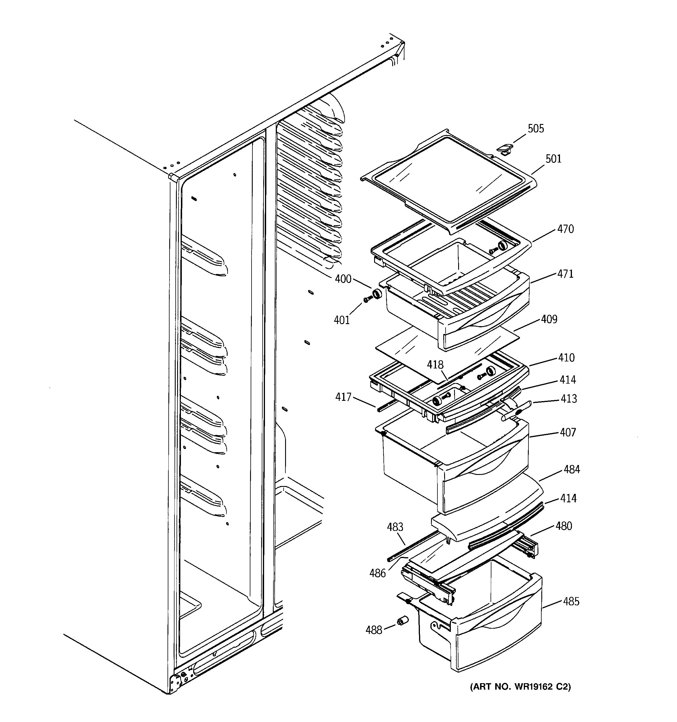 GE GSS25XGPBWW fresh food shelves diagram