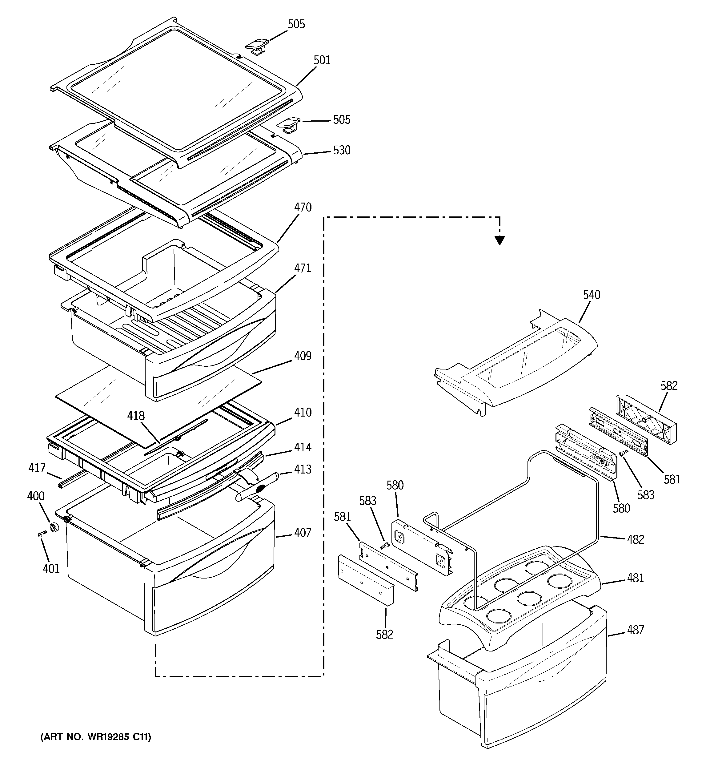 GE PWT26SGPBKSS fresh food shelves diagram