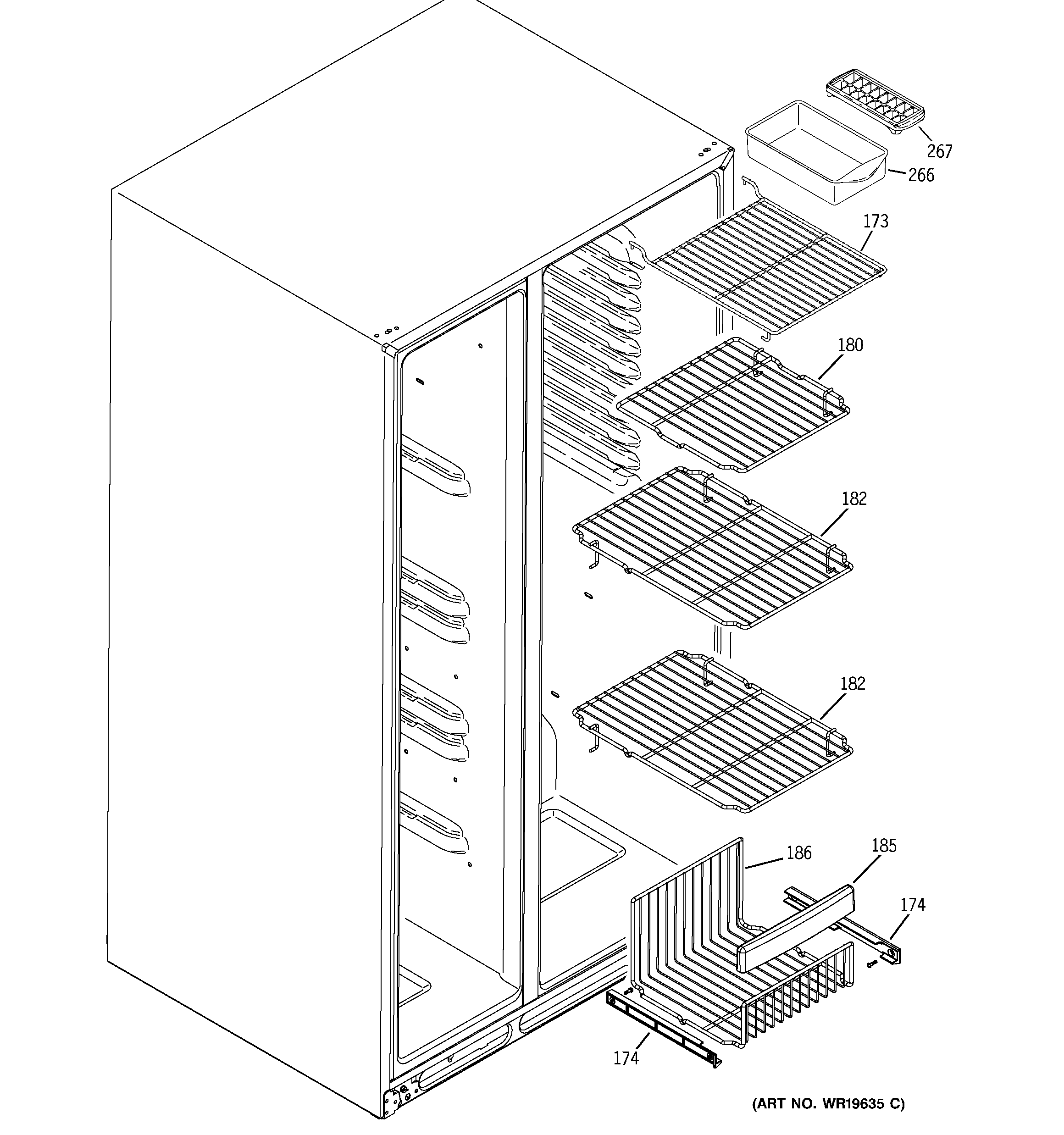 GE GSS25YBSAWW freezer shelves diagram