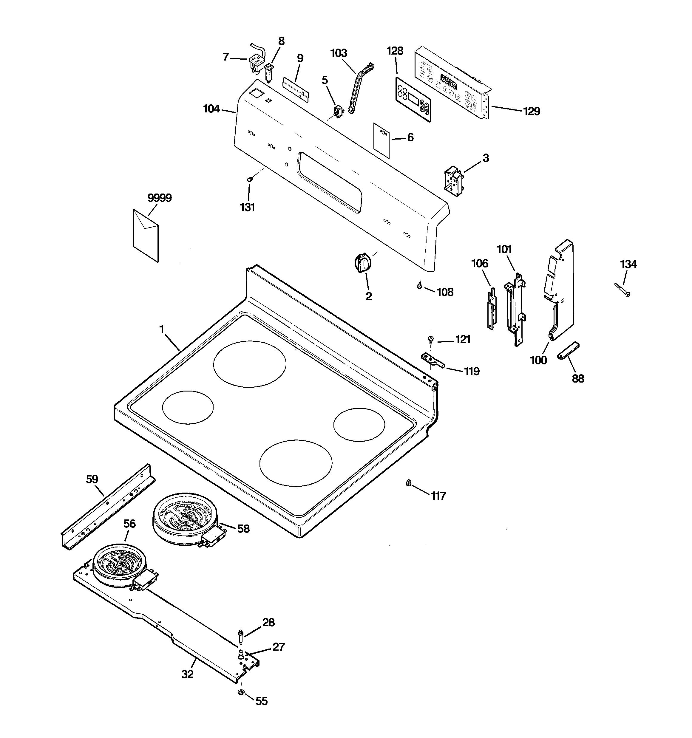 GE ECBS68WJ1WW control panel & cooktop diagram
