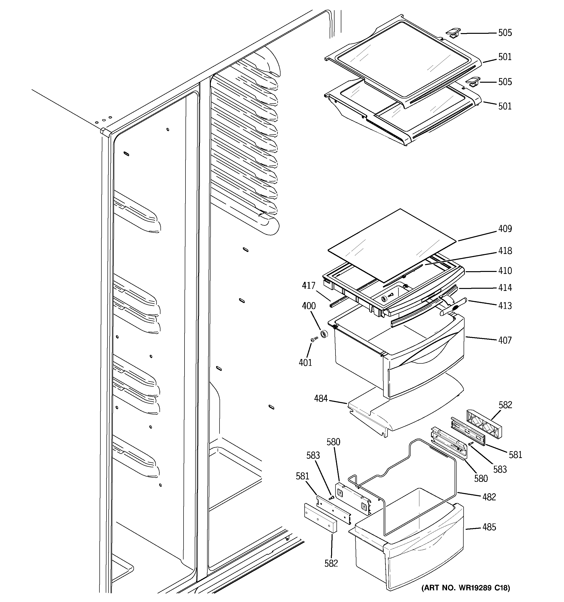 GE GCG21YERAFSS fresh food shelves diagram