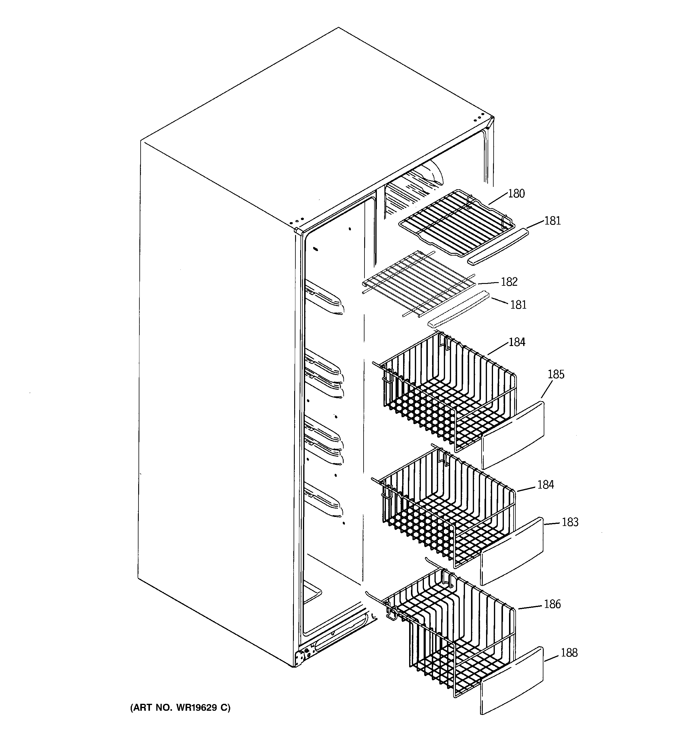 GE MCG23MIMHFBB freezer shelves diagram