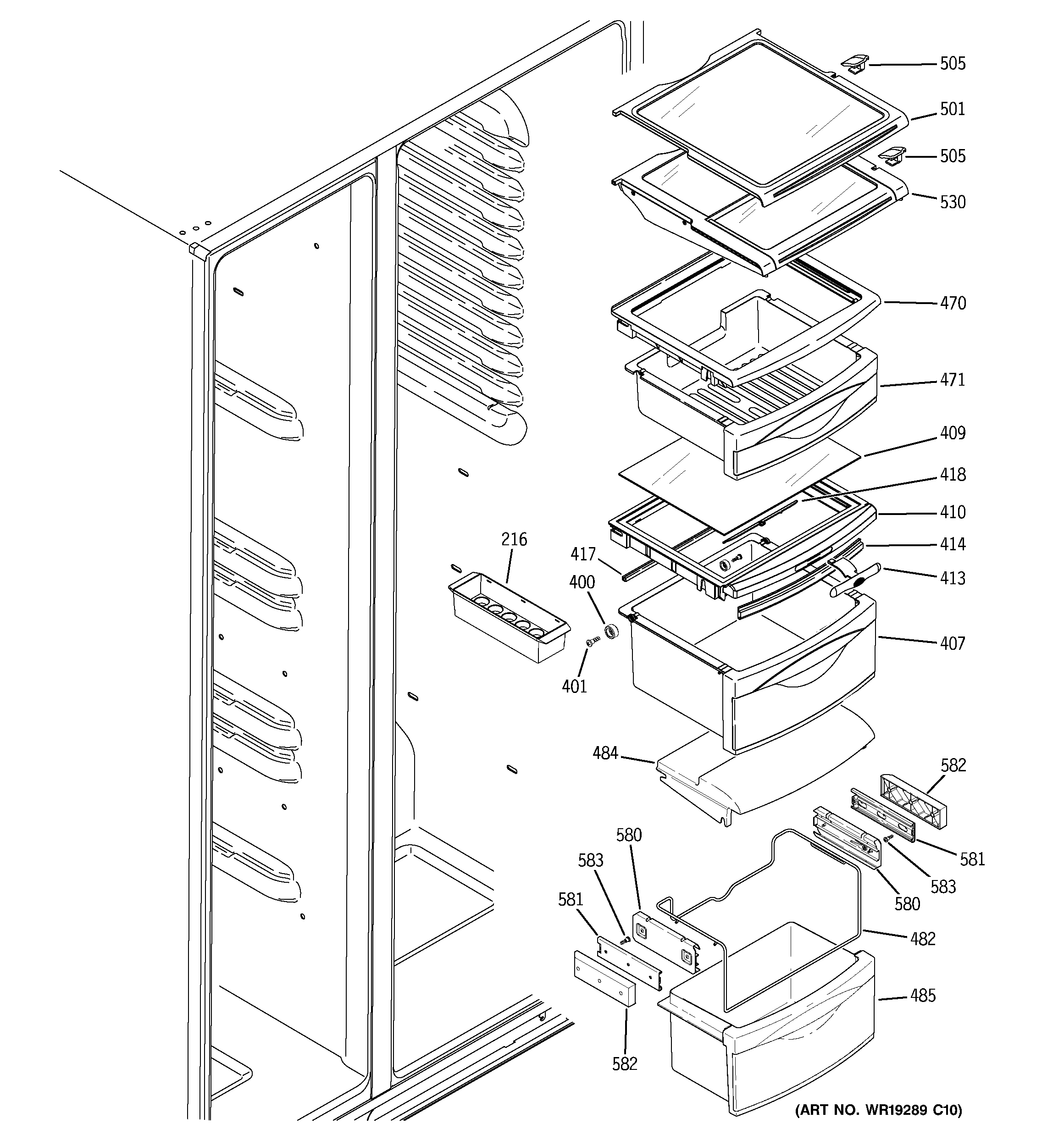 GE MCG23MIMHFBB fresh food shelves diagram